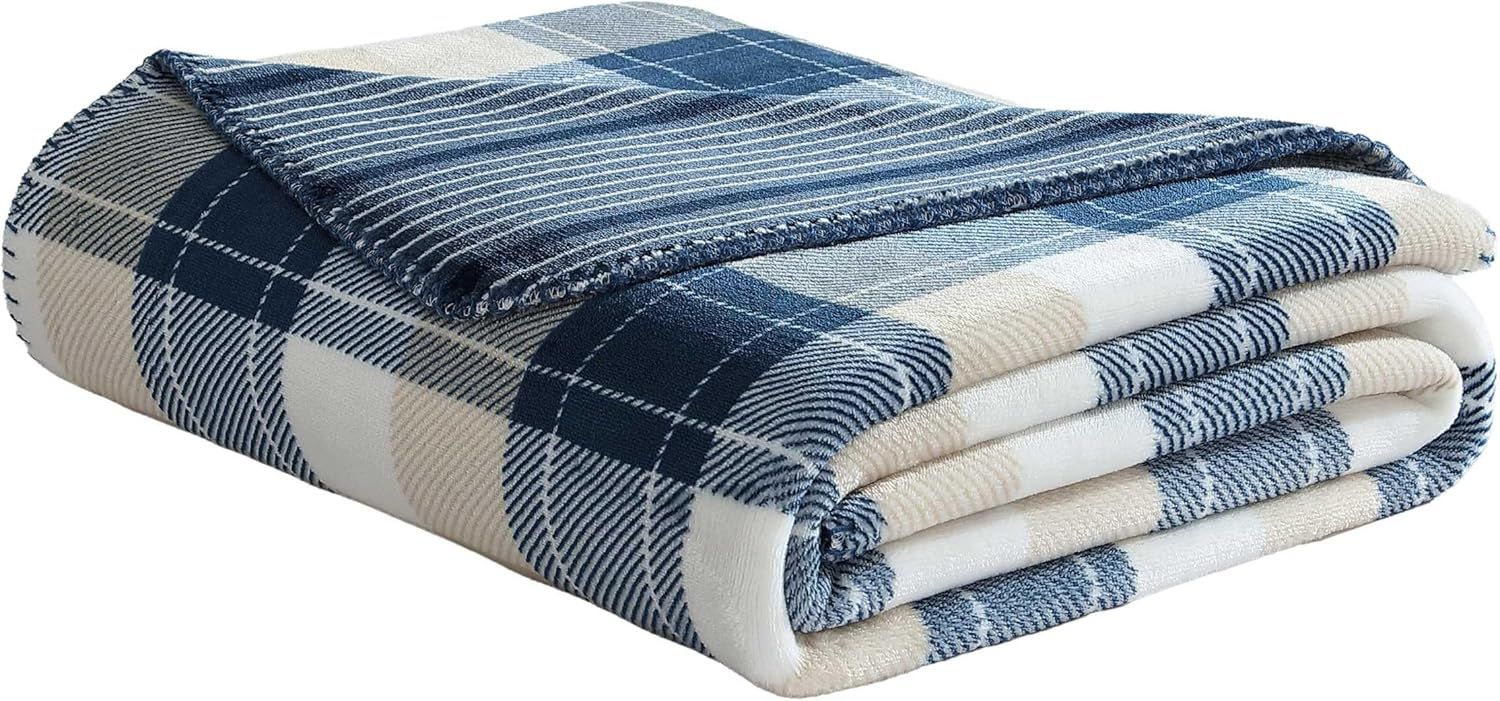 Navy and Beige Reversible Fleece Throw Blanket, 50" x 70"