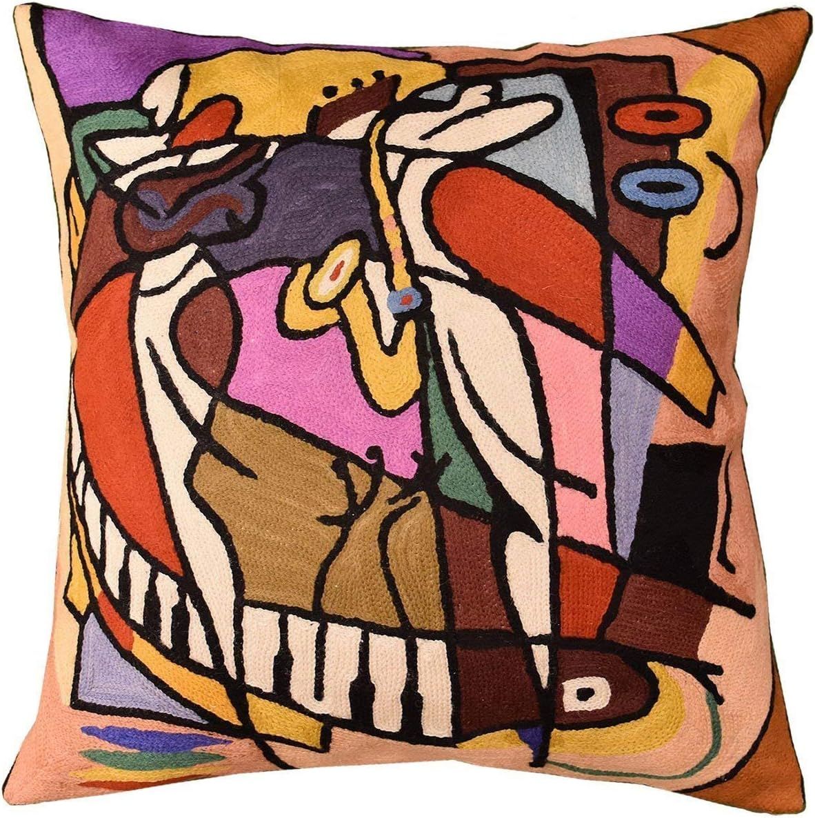 Hand Embroidered Abstract Multicolor Cotton Wool Pillow Cover 18x18