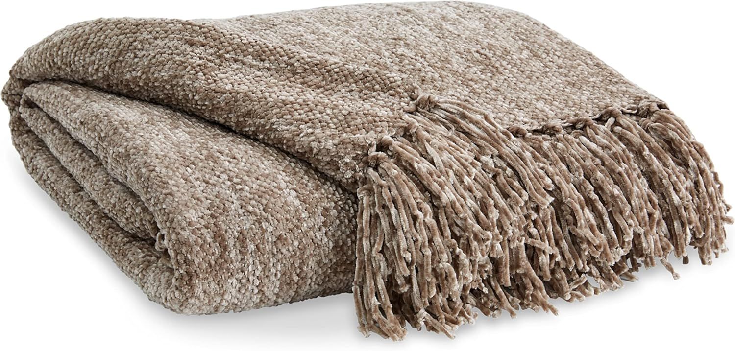 Tamish Taupe 60" x 50" Polyester Throw Blanket with Knotted Fringe