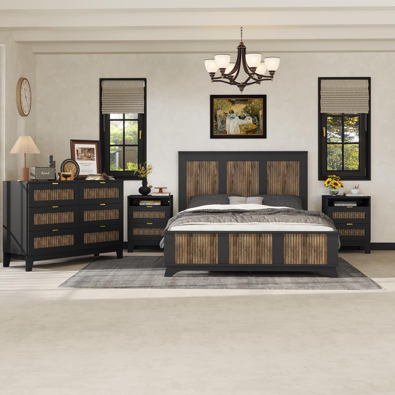 Black Queen Size Farmhouse Bedroom Set with Wooden Strip Decoration
