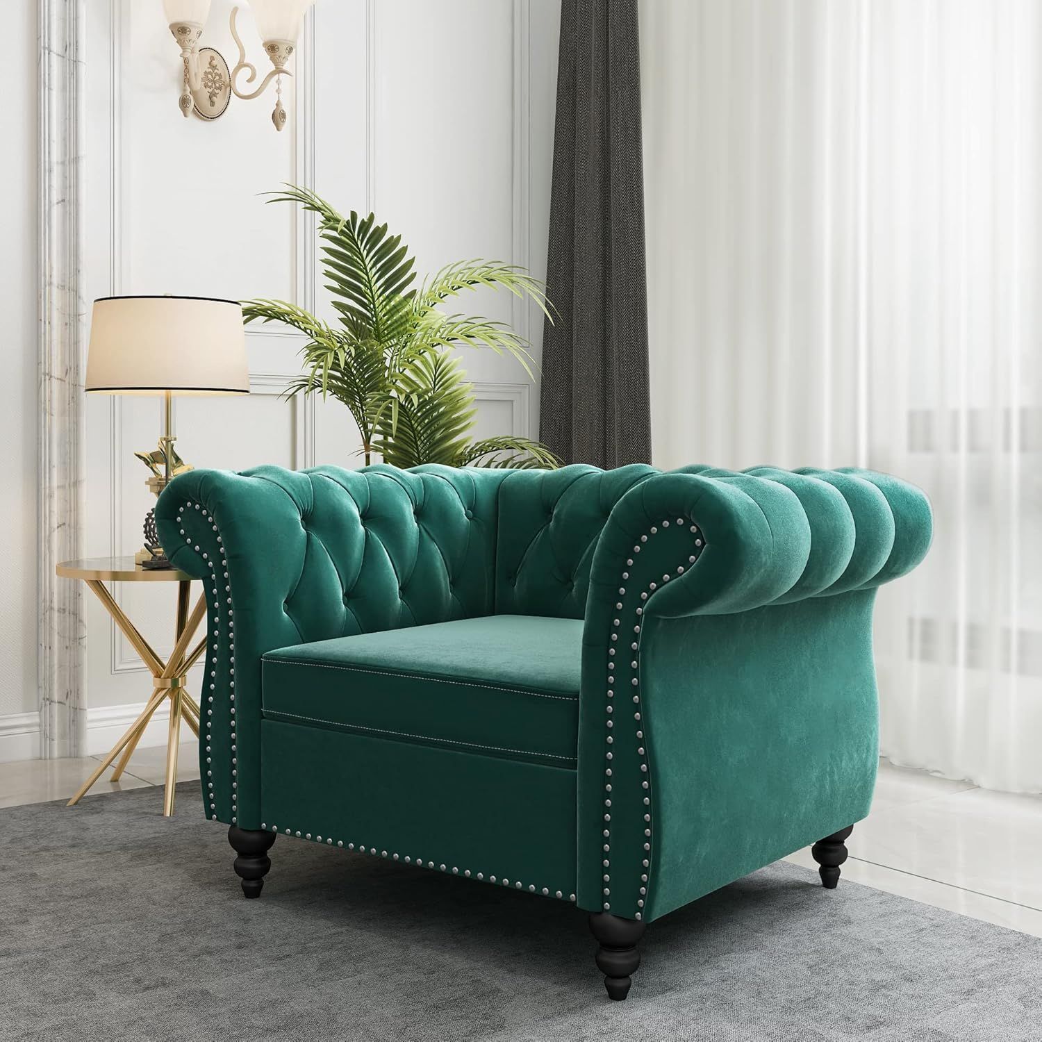 Green Velvet Chesterfield Accent Chair with Nailhead Trim