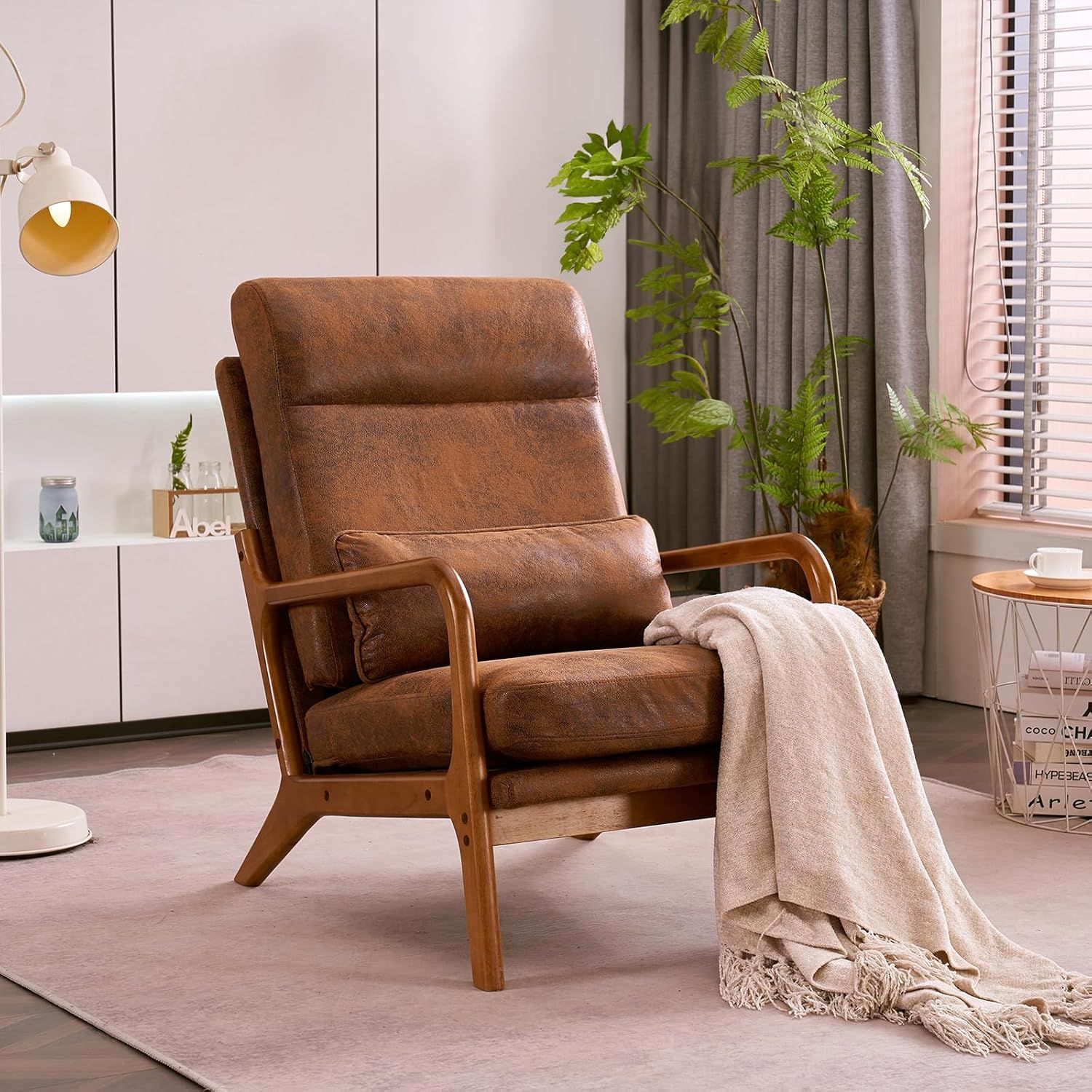 Brown Bronzing Cloth and Oak Wood Mid-Century Modern Armchair