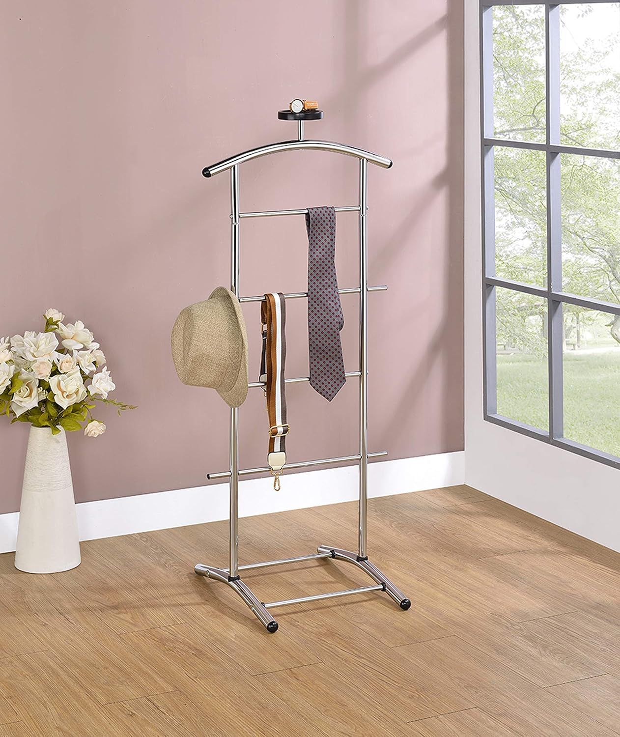 Chrome Metal Suit Valet Stand with Accessory Shelf