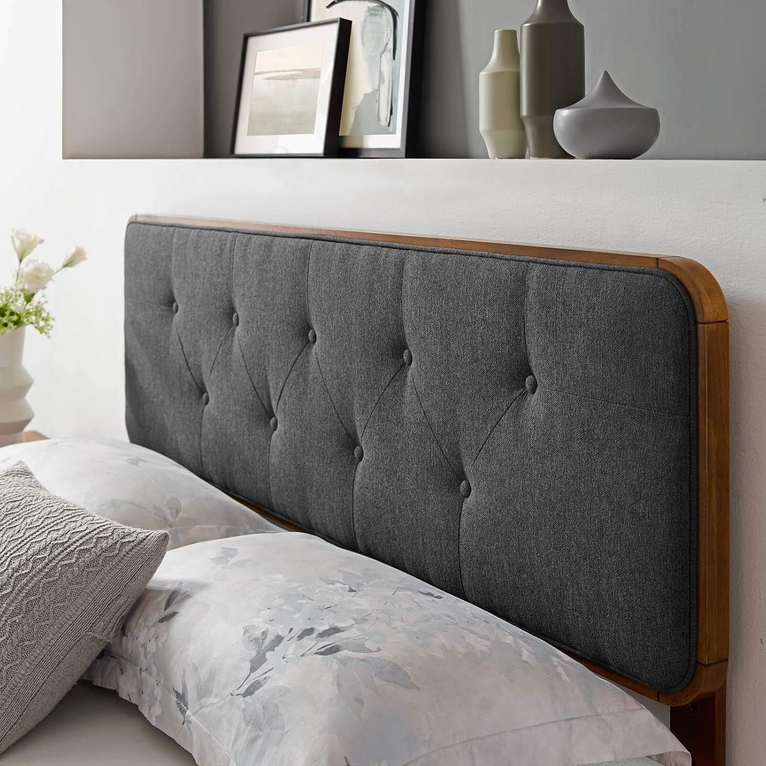 Gray Tufted Upholstered Full Headboard with Rubberwood Frame