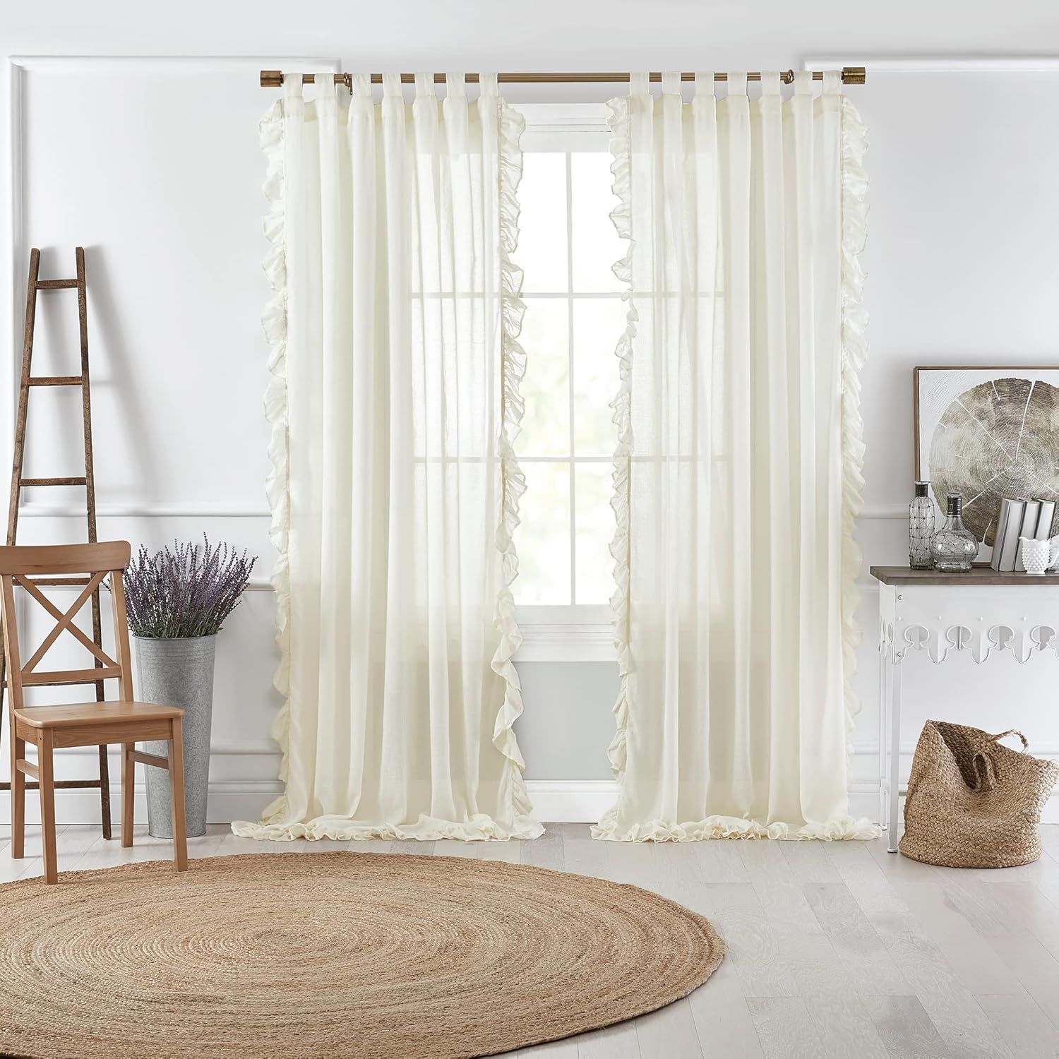 Ivory Sheer Cotton Tab-Top Ruffle Window Curtain Panel