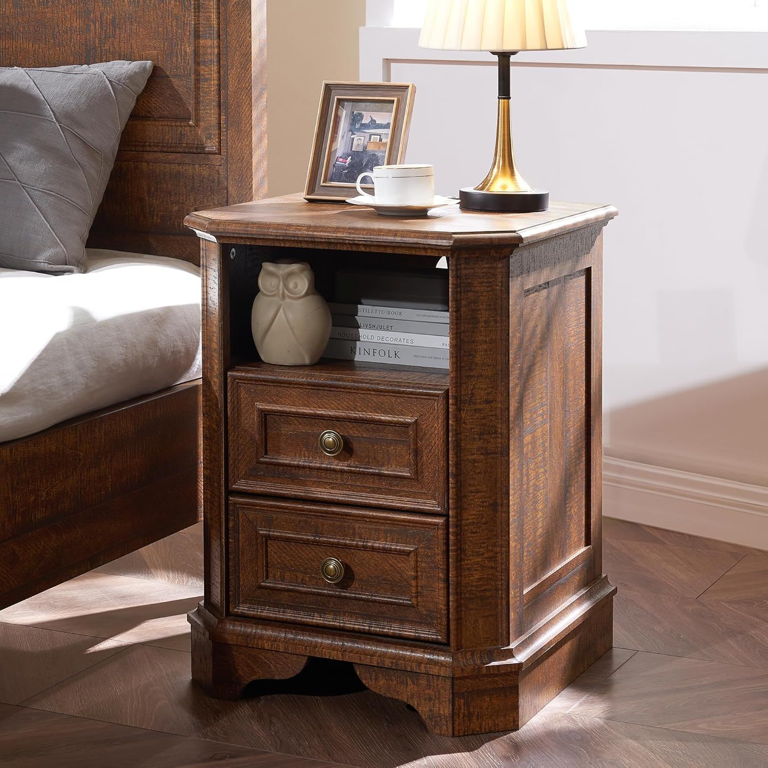 Brown Rustic Oak 18" Nightstand with Charging Station and 2 Drawers