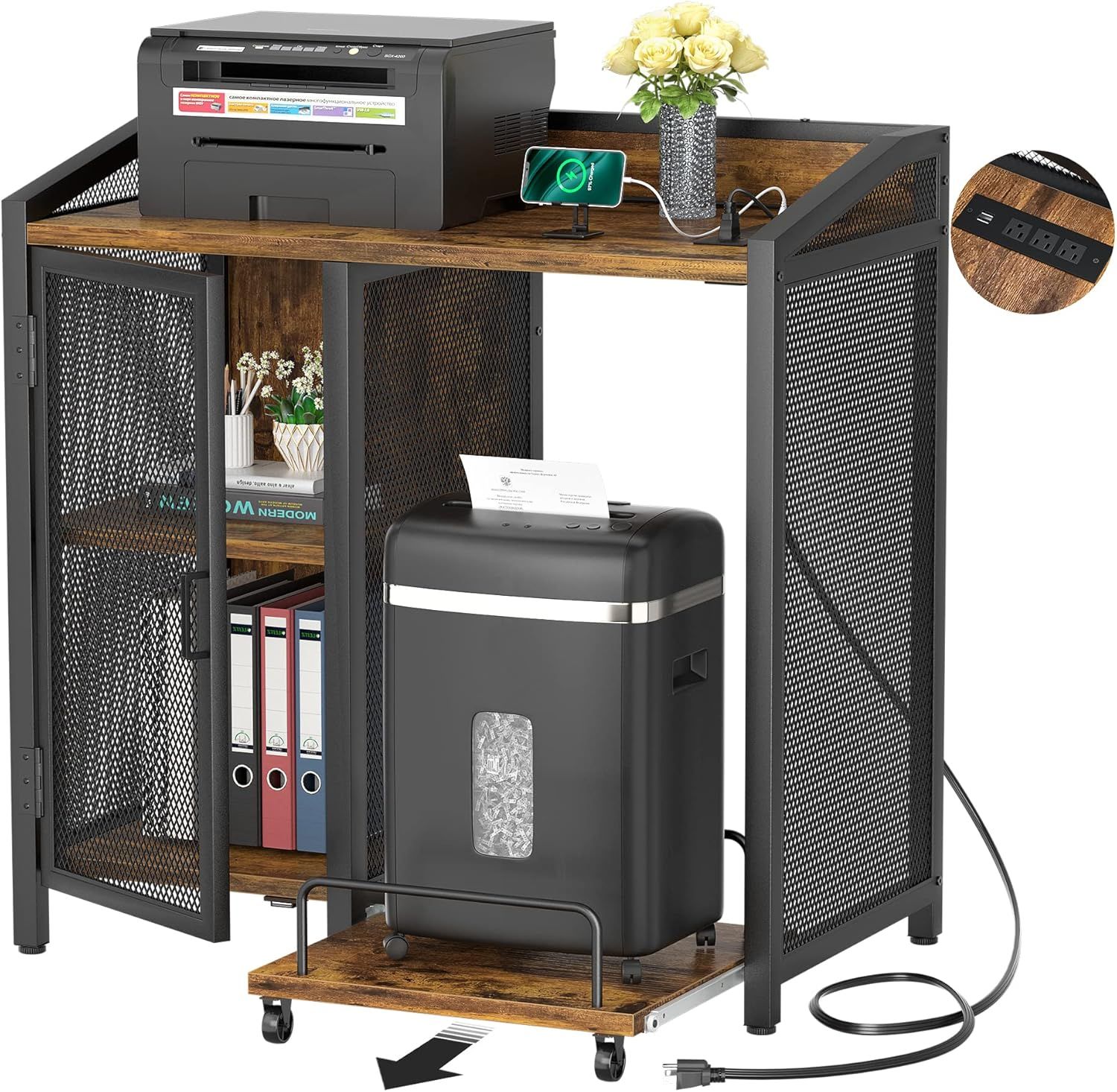 Rustic Brown 3-Tier Office Filing Cabinet with USB Ports