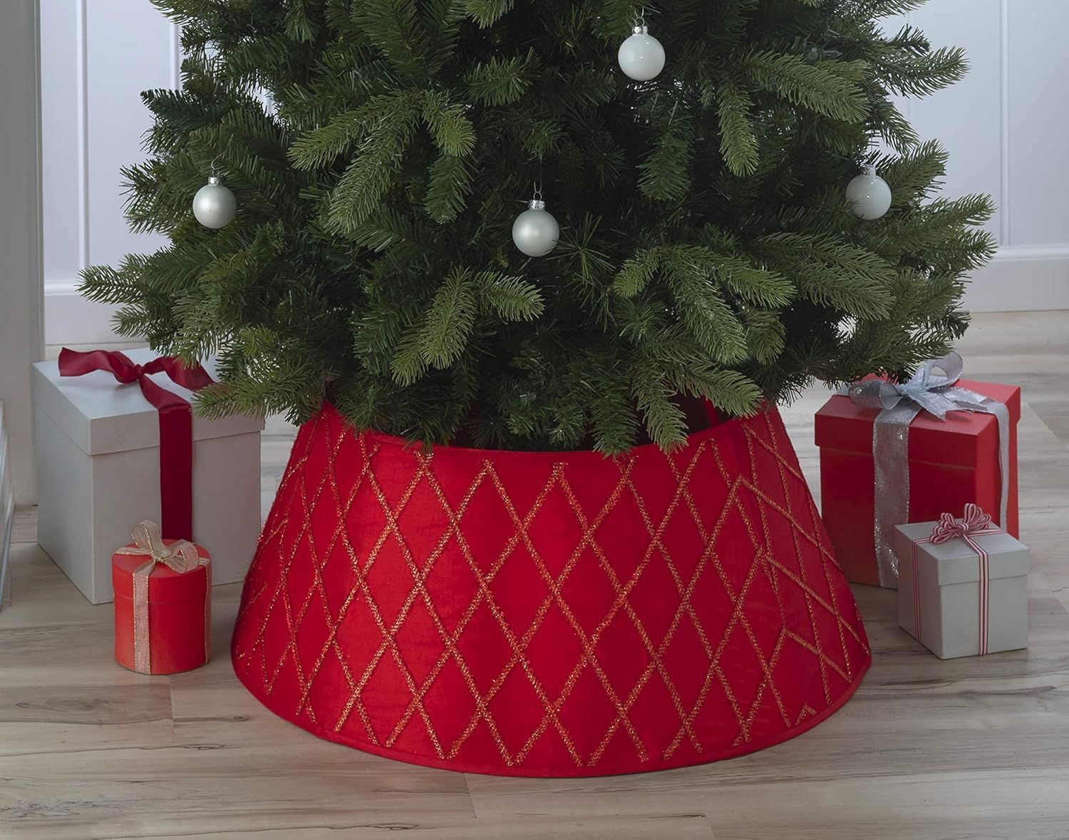 Red Polyester Christmas Tree Collar with Gold Trim, 26" Diameter