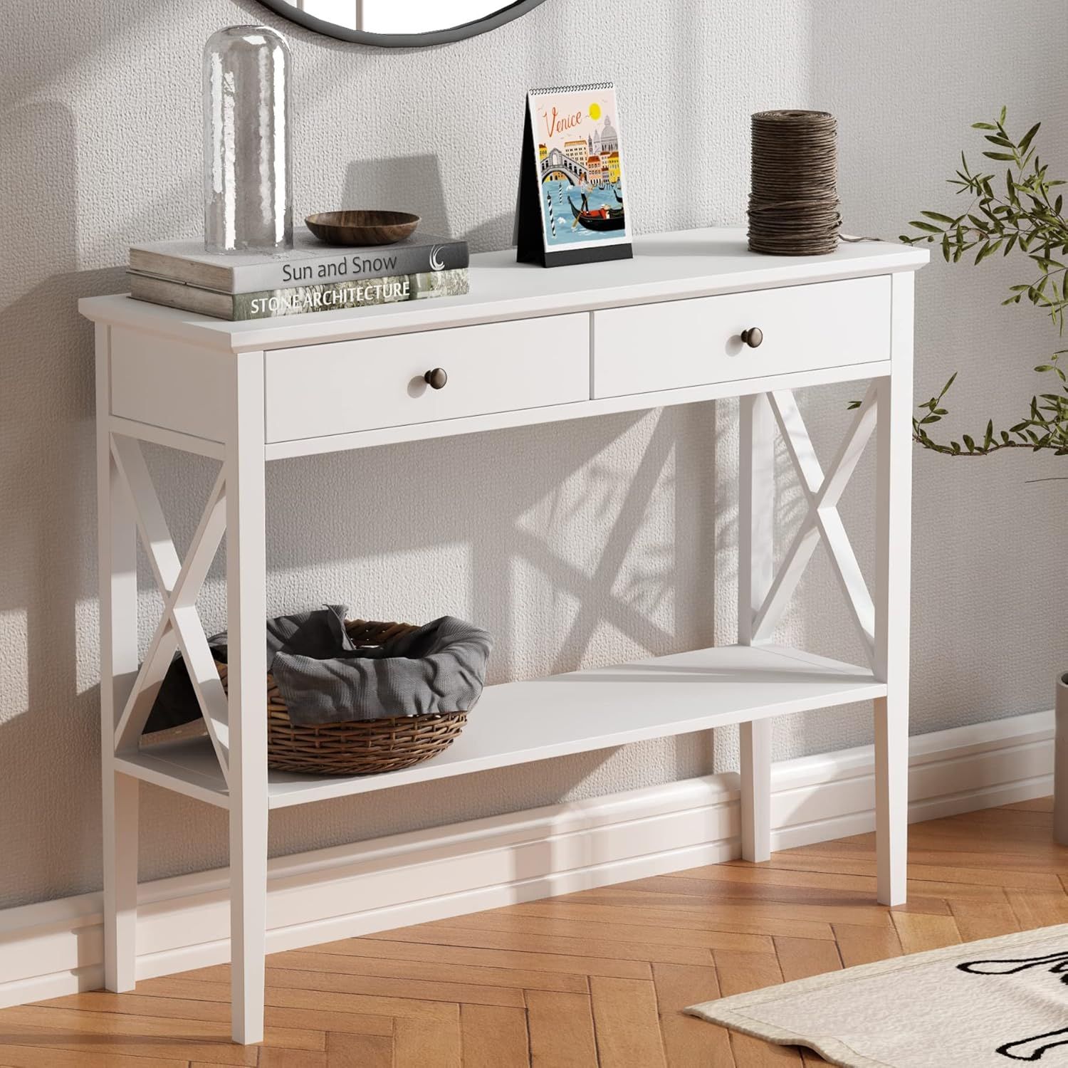 White and Dark Brown Rectangular Console Table with Drawers and Shelf