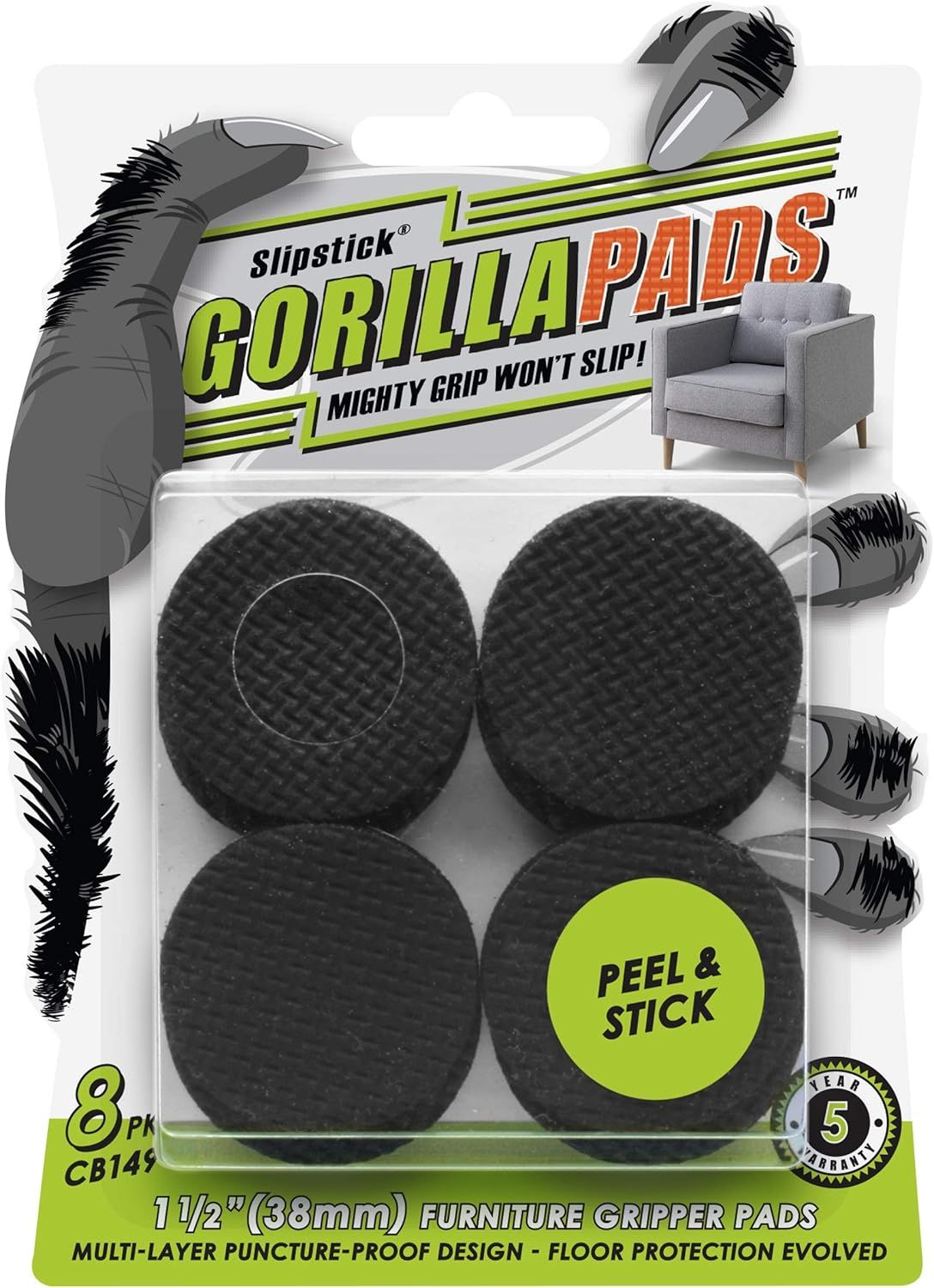 Black Rubber Non-Slip Furniture Gripper Pads, Set of 8