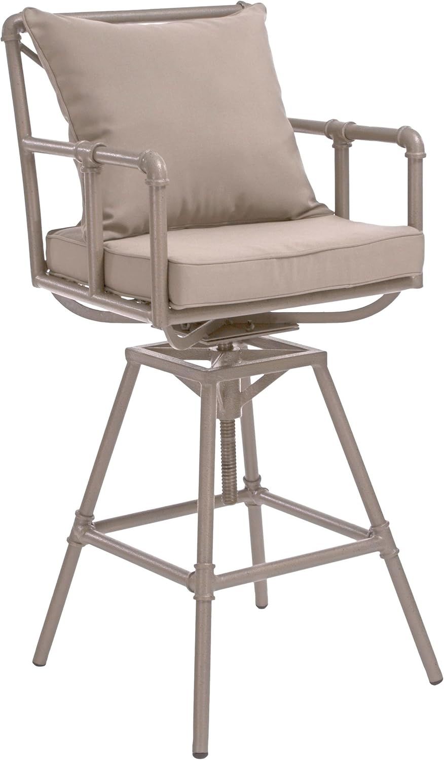 Adjustable Brass and Beige Outdoor Pipe Barstool with Cushions