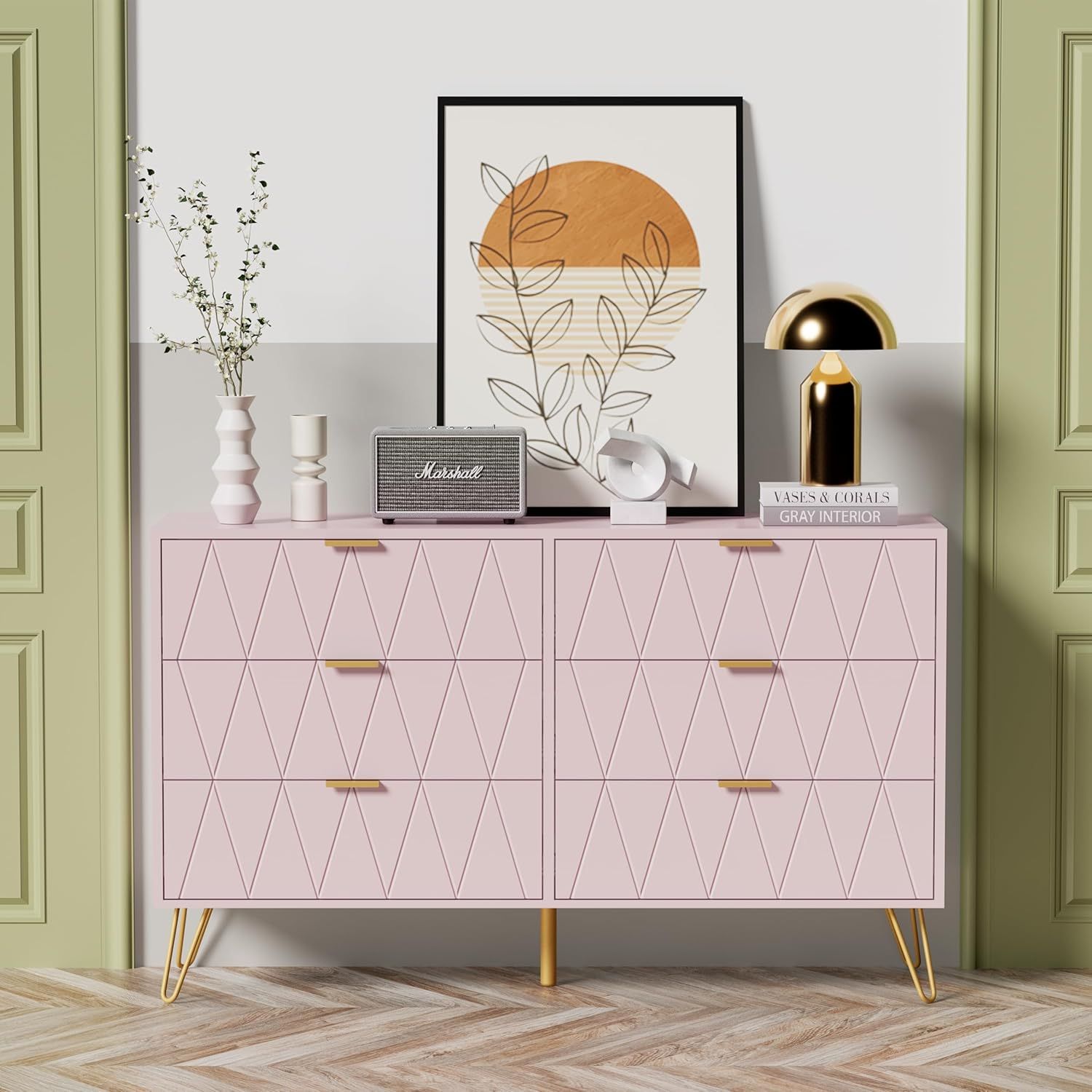 Large Pink Modern 6-Drawer Dresser with Gold Handles