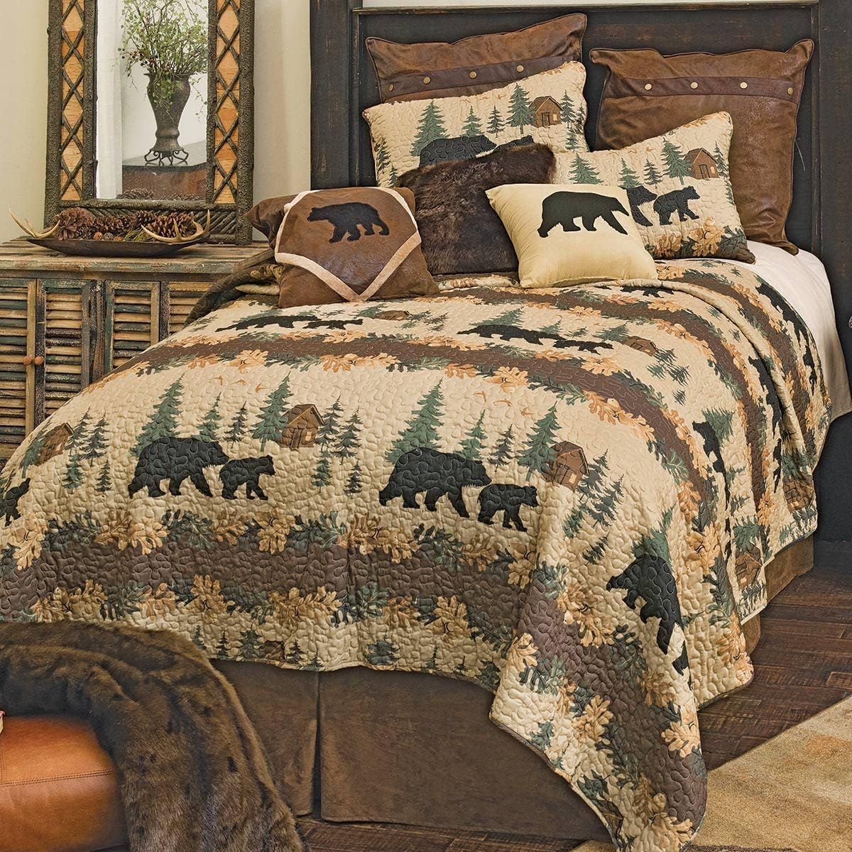 Rustic Queen Size Cabin Theme Comforter Set with Bear Prints