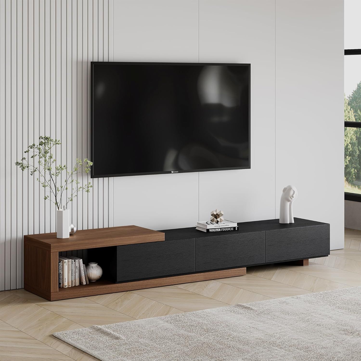 Walnut and Black Extendable TV Stand with Storage