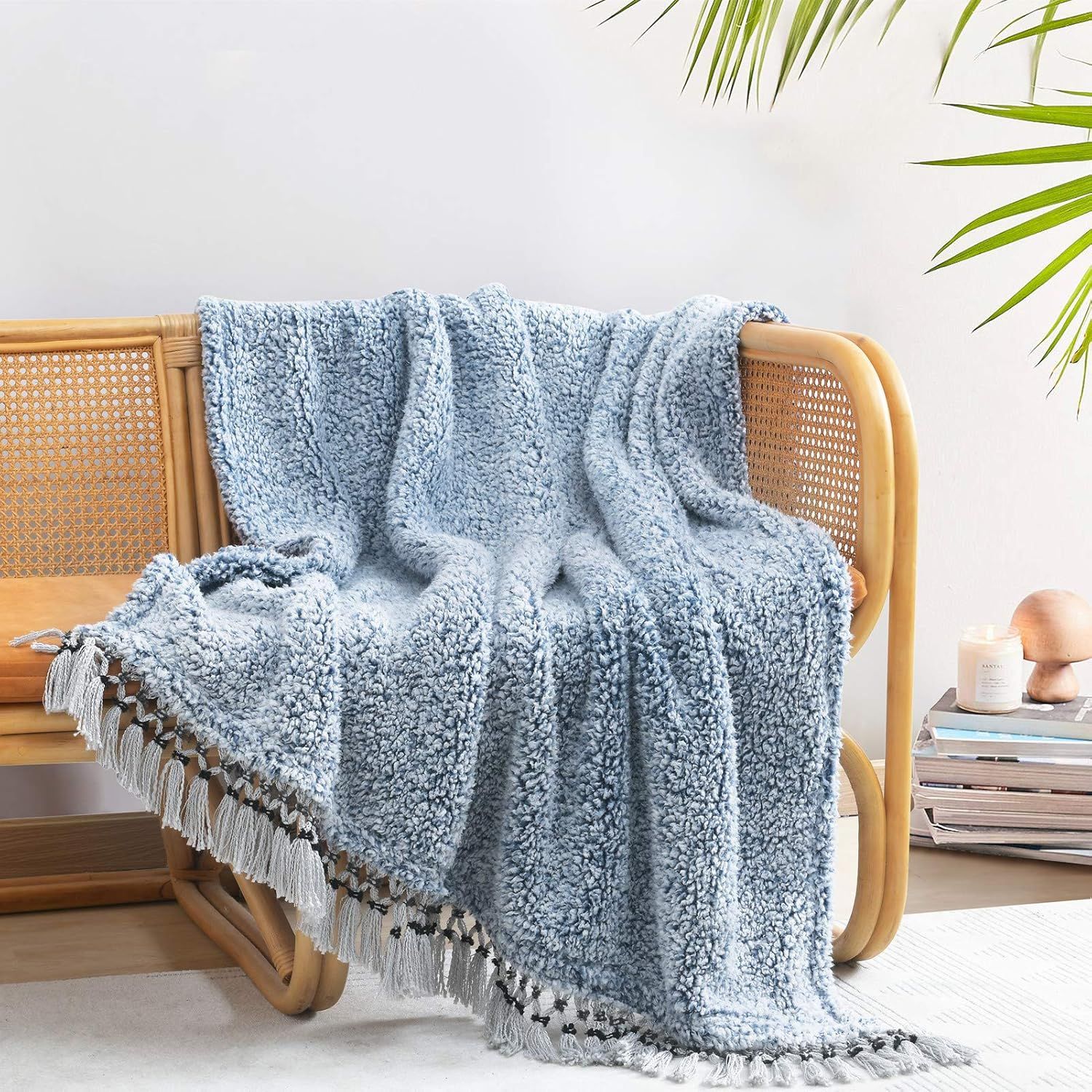 Navy Blue Sherpa Reversible Bohemian Throw Blanket with Tassels