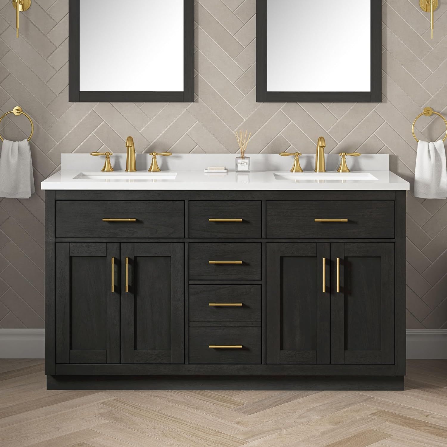 Bailey 60'' Matte Black Wood Double Sink Vanity with White Quartz Top