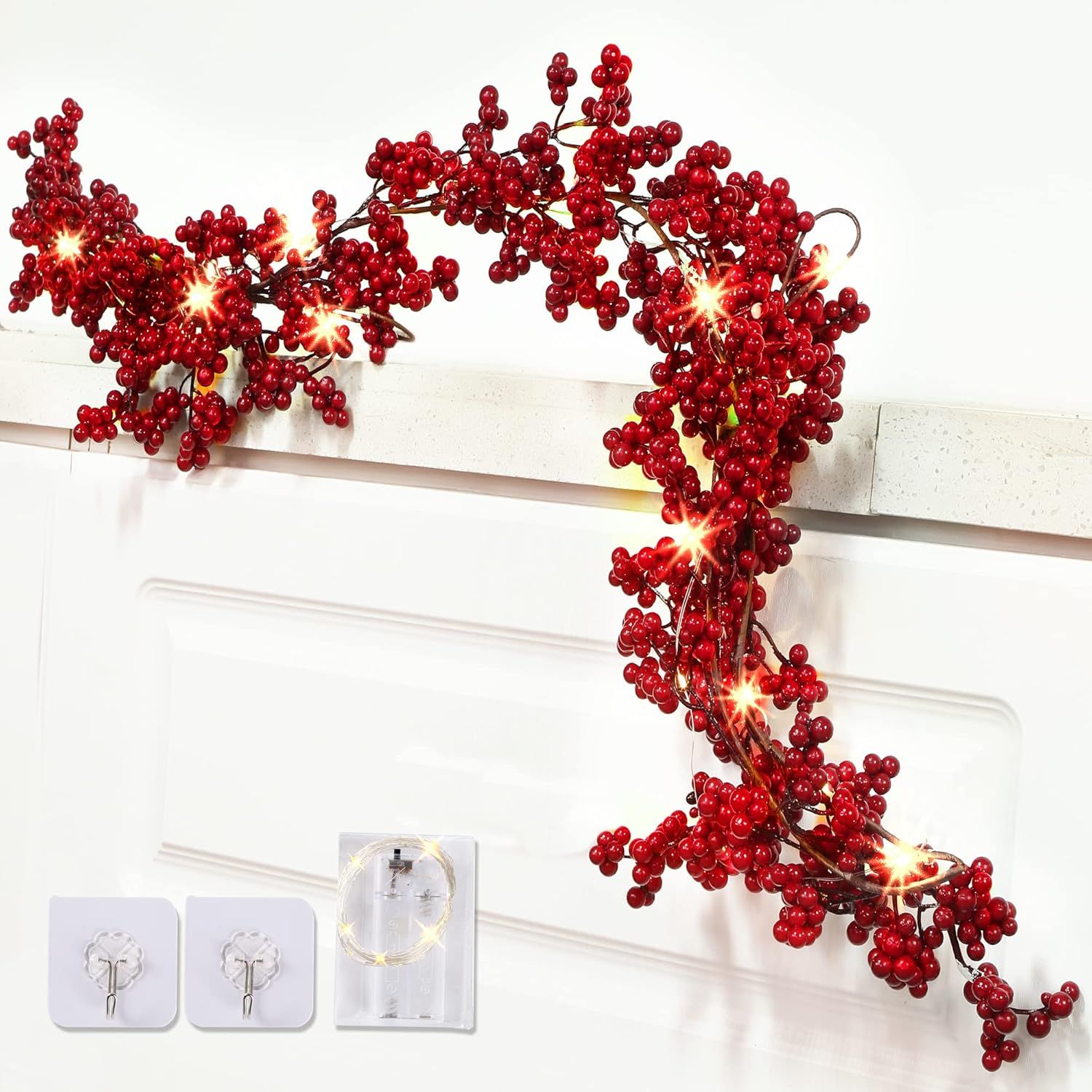 6ft Red Glitter Berry Lighted Christmas Garland