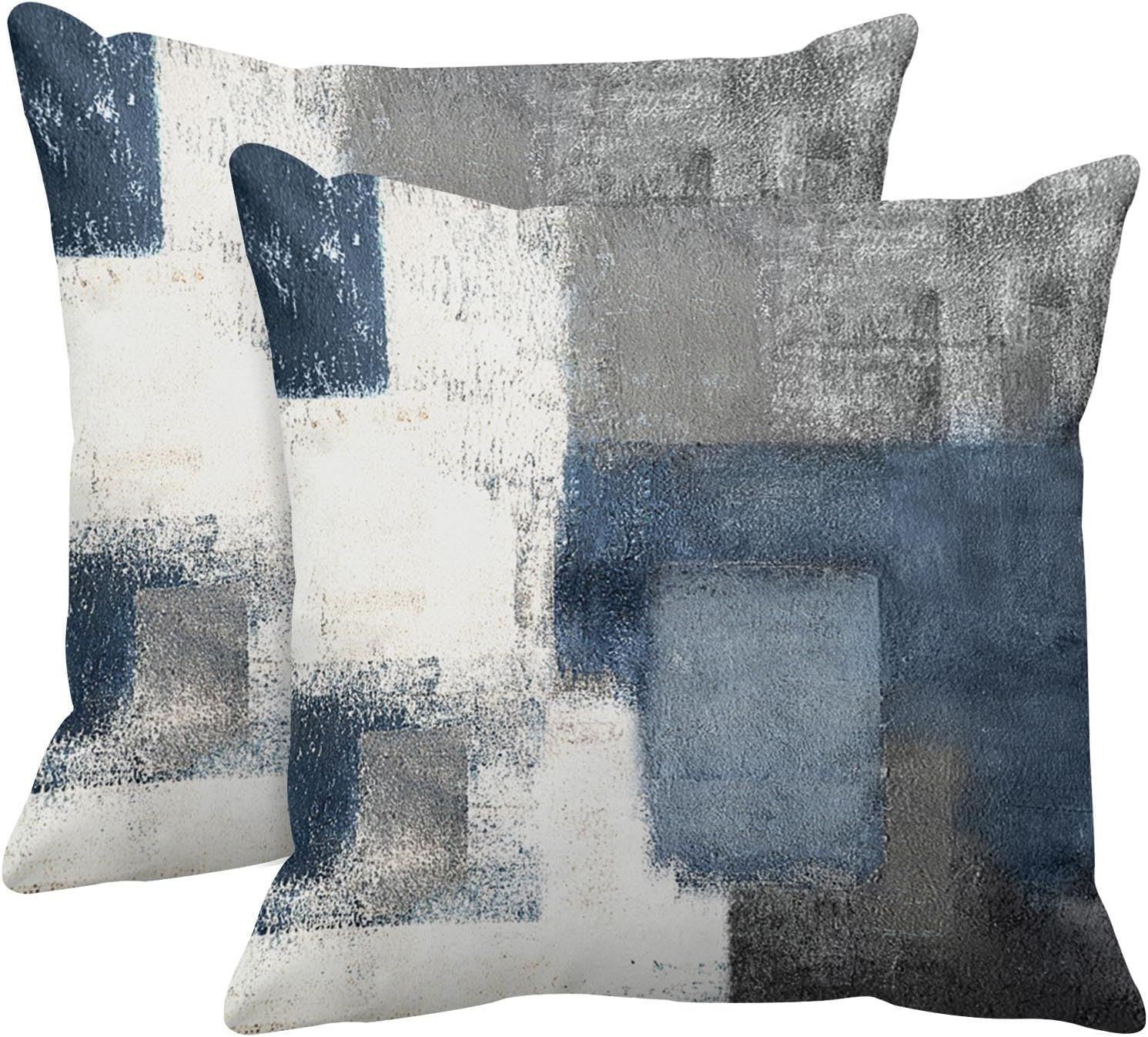 Modern Abstract Blue and Gray Polyester Throw Pillow Covers, 20x20 Inches, Set of 2