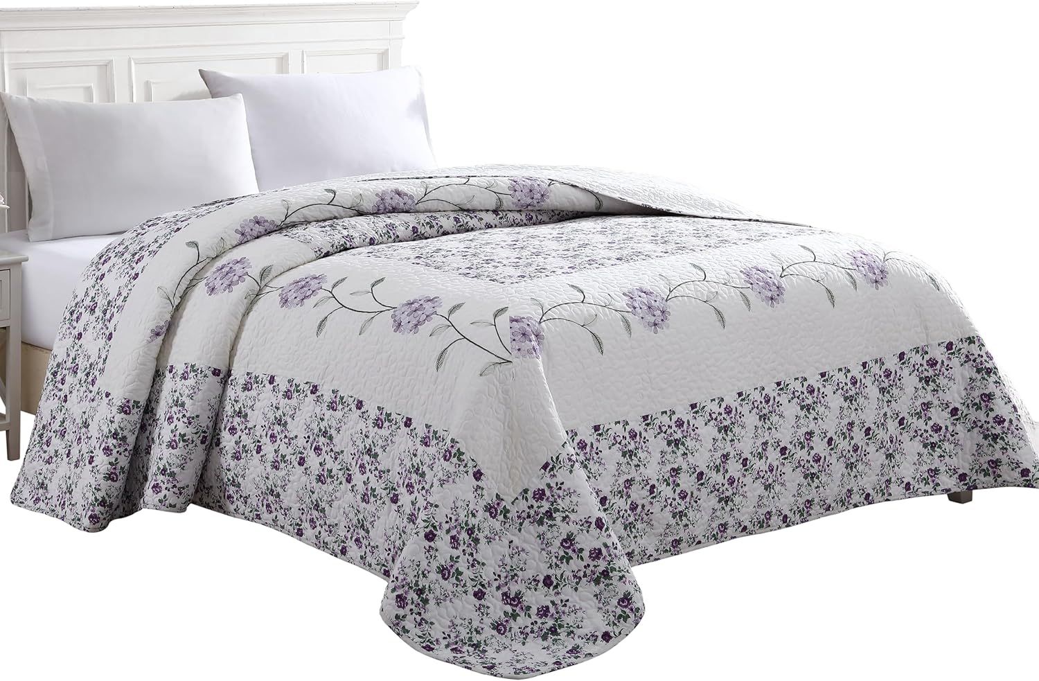 Carnation Rose Floral Embroidered Full Bedspread - Lavender