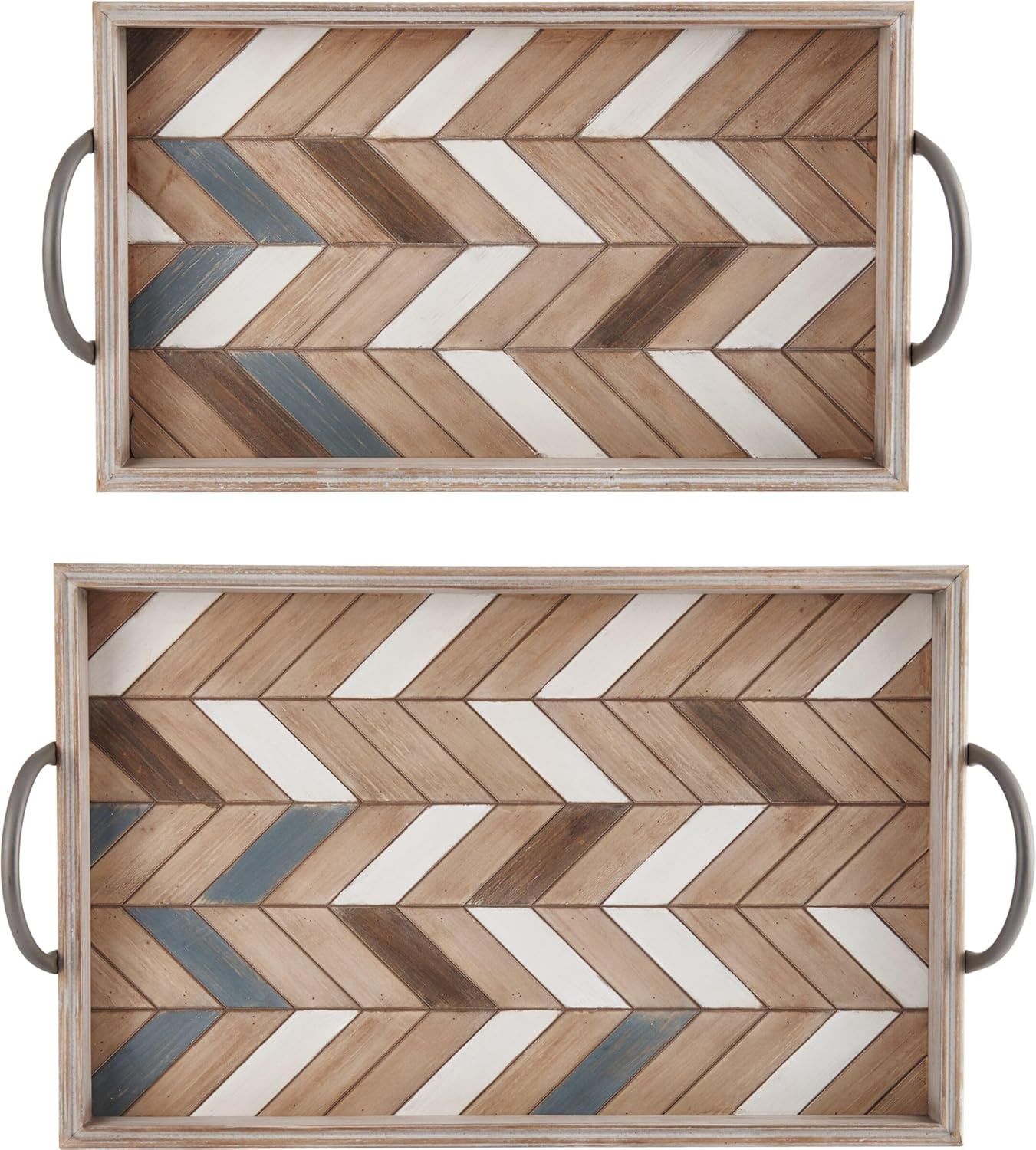 Nordic Rectangular Wood Parquet Trays with Metal Handles, Set of 2