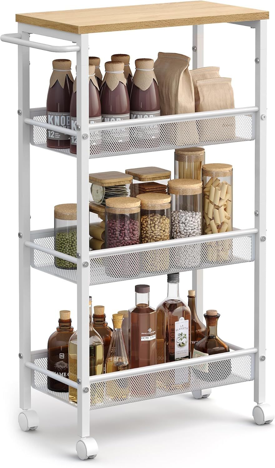 Oak Beige and White 4-Tier Industrial Kitchen Cart with Storage