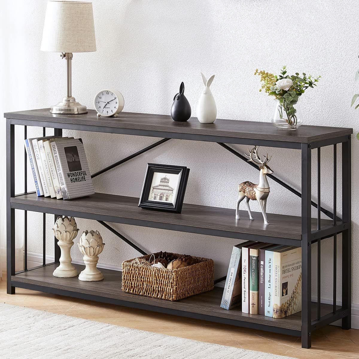 Dark Gray Oak and Metal 3-Tier Console Table with Storage