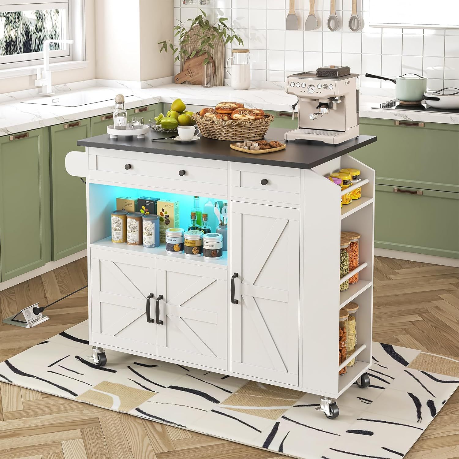 White Rolling Kitchen Island with Drop Leaf and LED Light