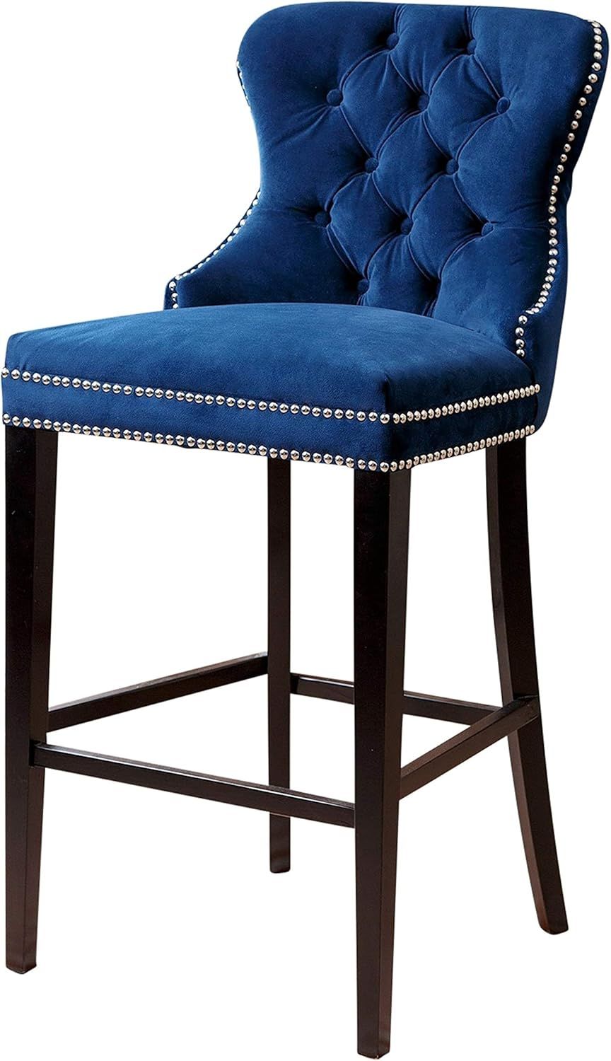 Elegant Gray Velvet & Wood High Back Bar Stool with Silver Nailhead Trim