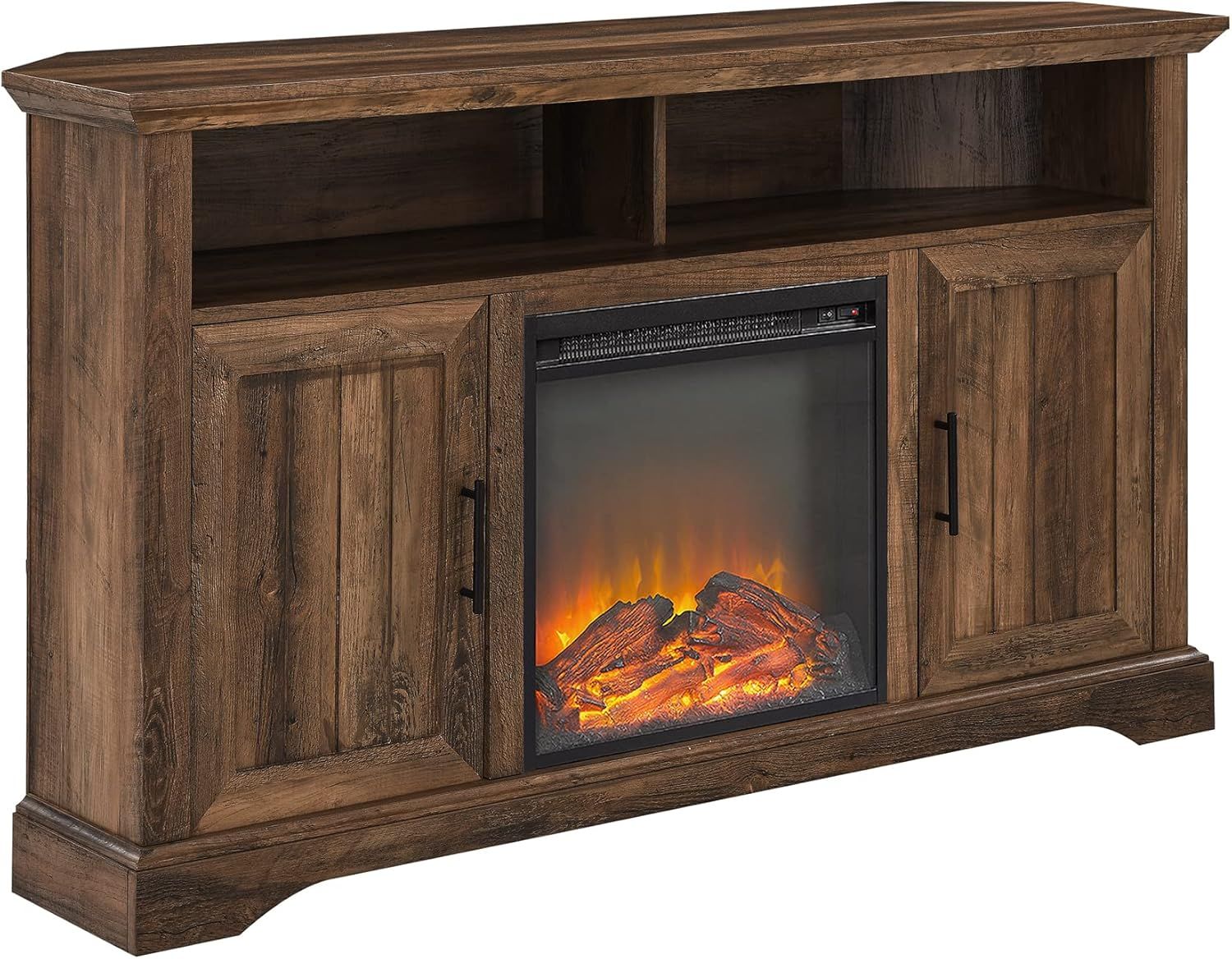 Rustic Oak Corner TV Stand with Fireplace and Cabinet