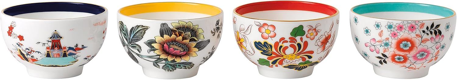 Wonderlust Floral Multi-Color Ceramic Tea Bowls, Set of 4