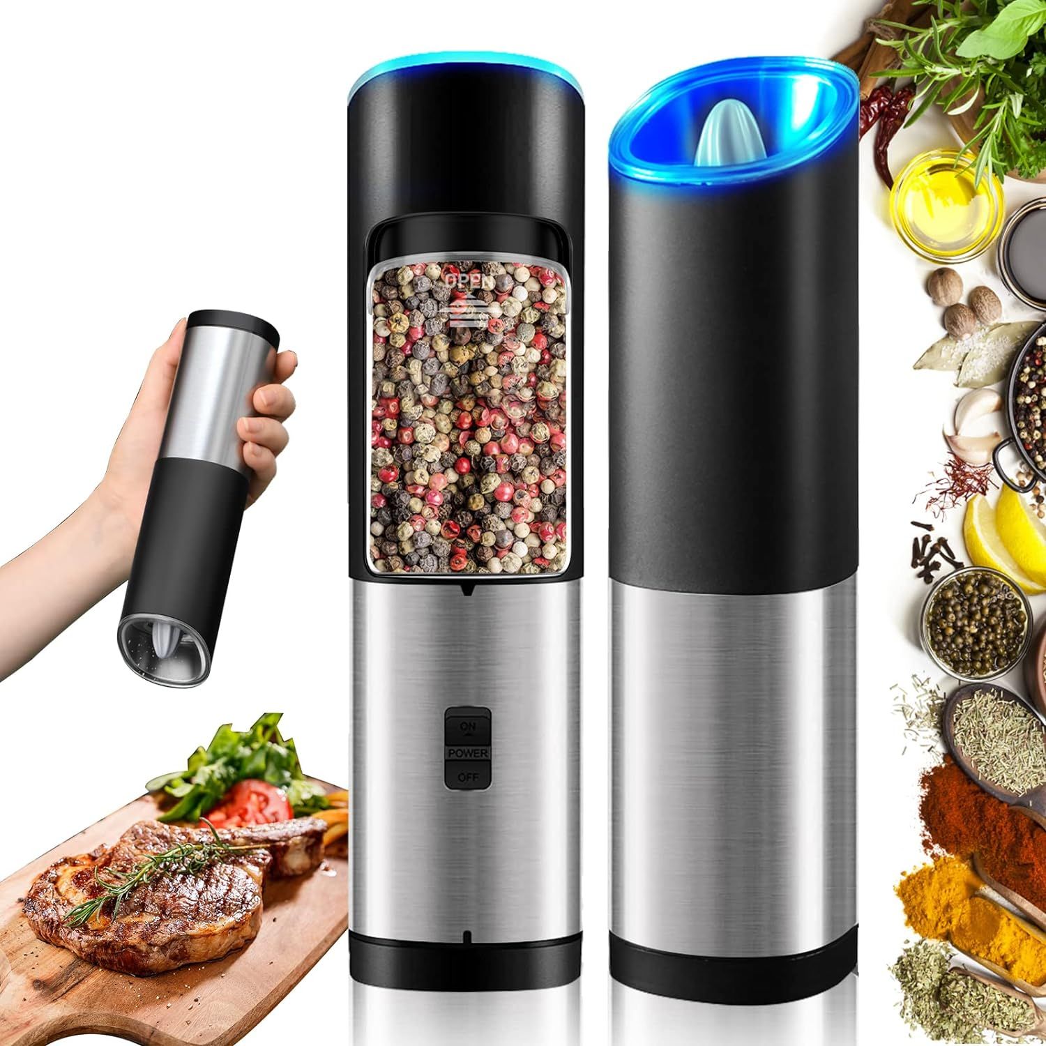 Stainless Steel Electric Salt and Pepper Grinder Set with LED Light