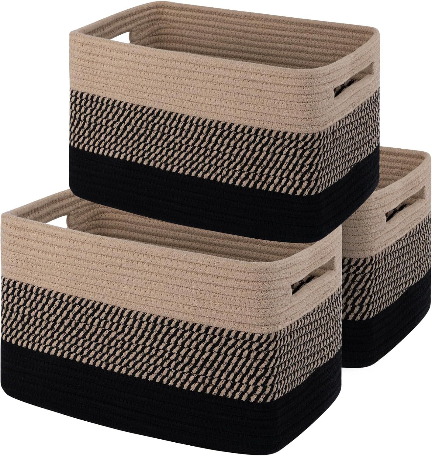 Set of 3 Black and Beige Cotton Rope Rectangular Storage Baskets