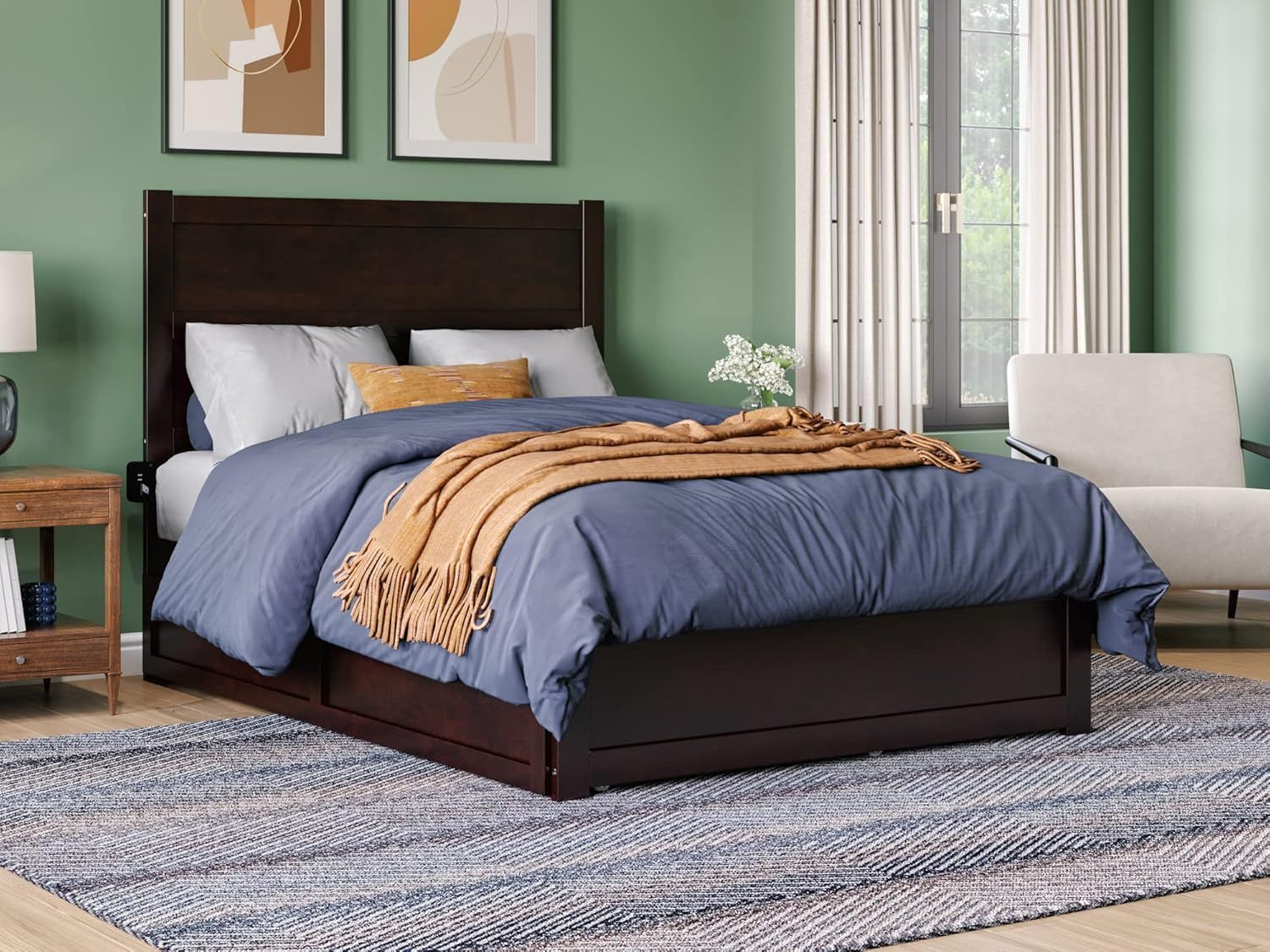 Espresso Full Wood Platform Bed with Trundle and Headboard