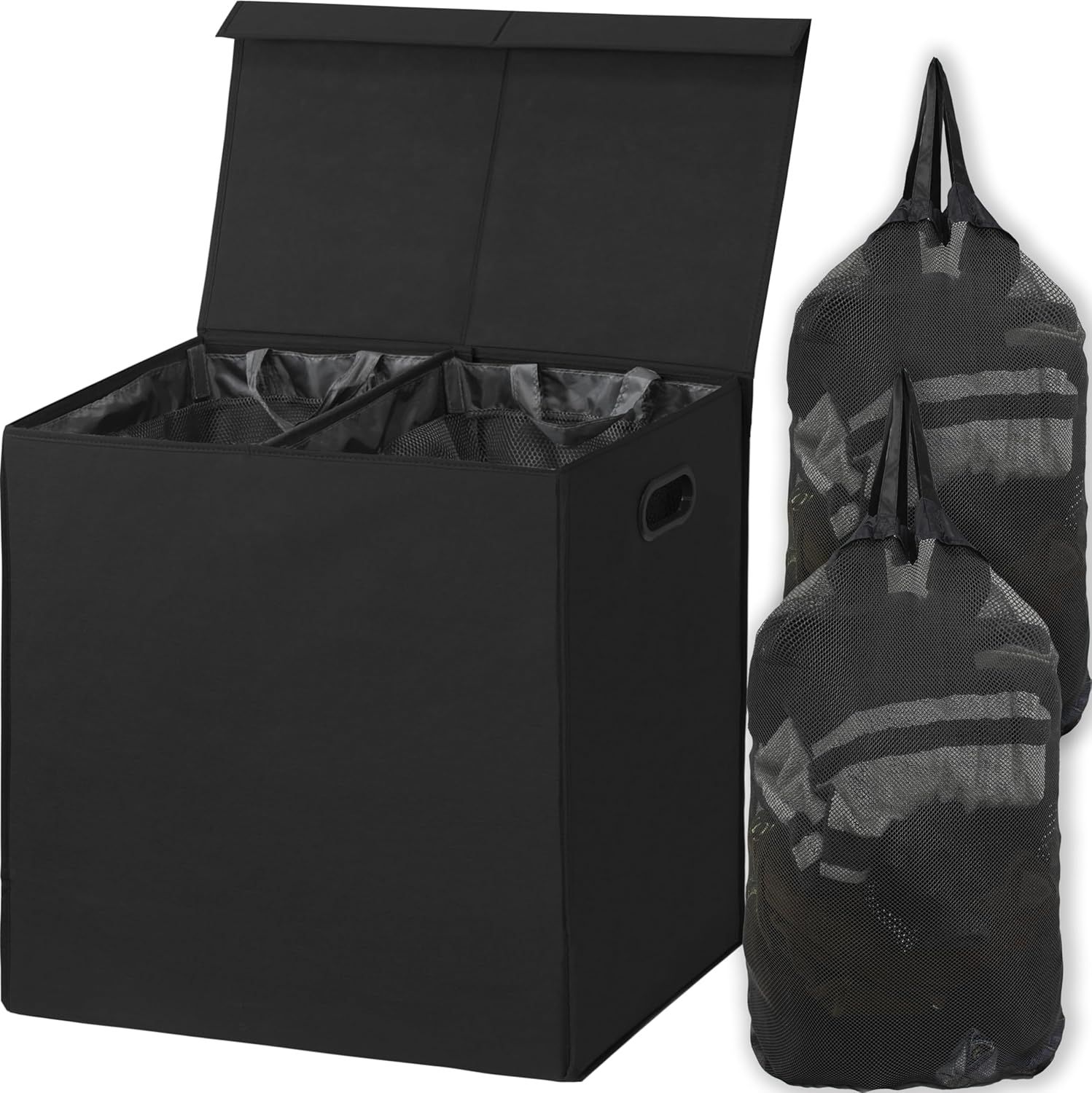 Black Collapsible Double Laundry Hamper with Lid and Bags