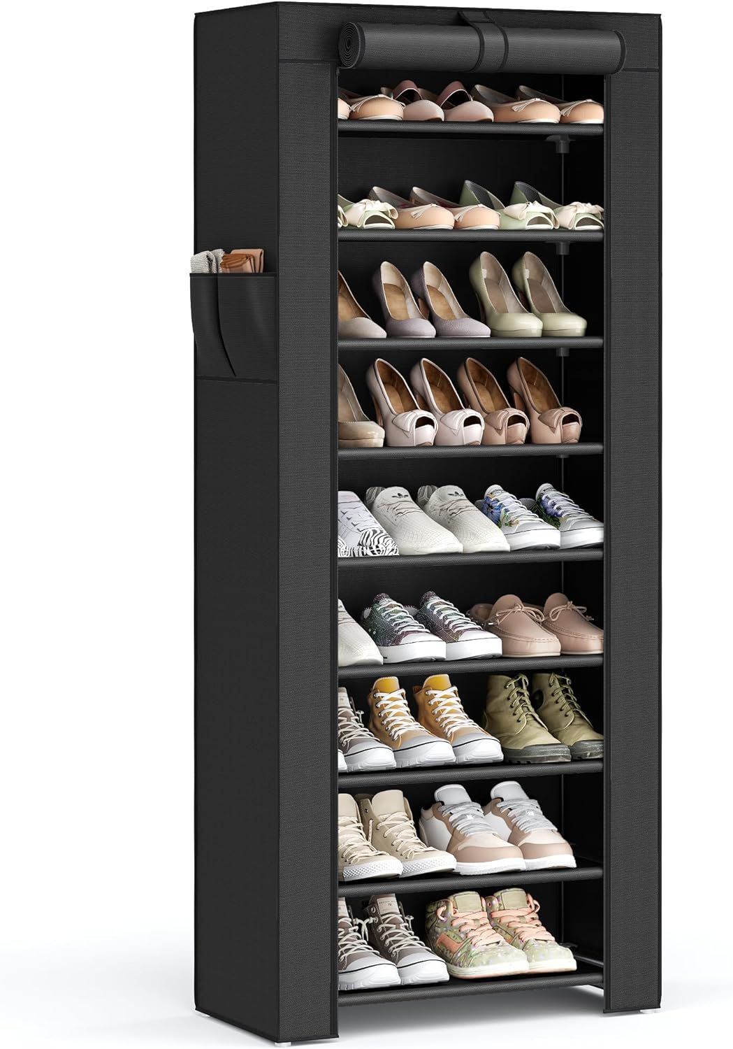 Black 9-Tier Fabric and Metal Shoe Rack with Cover