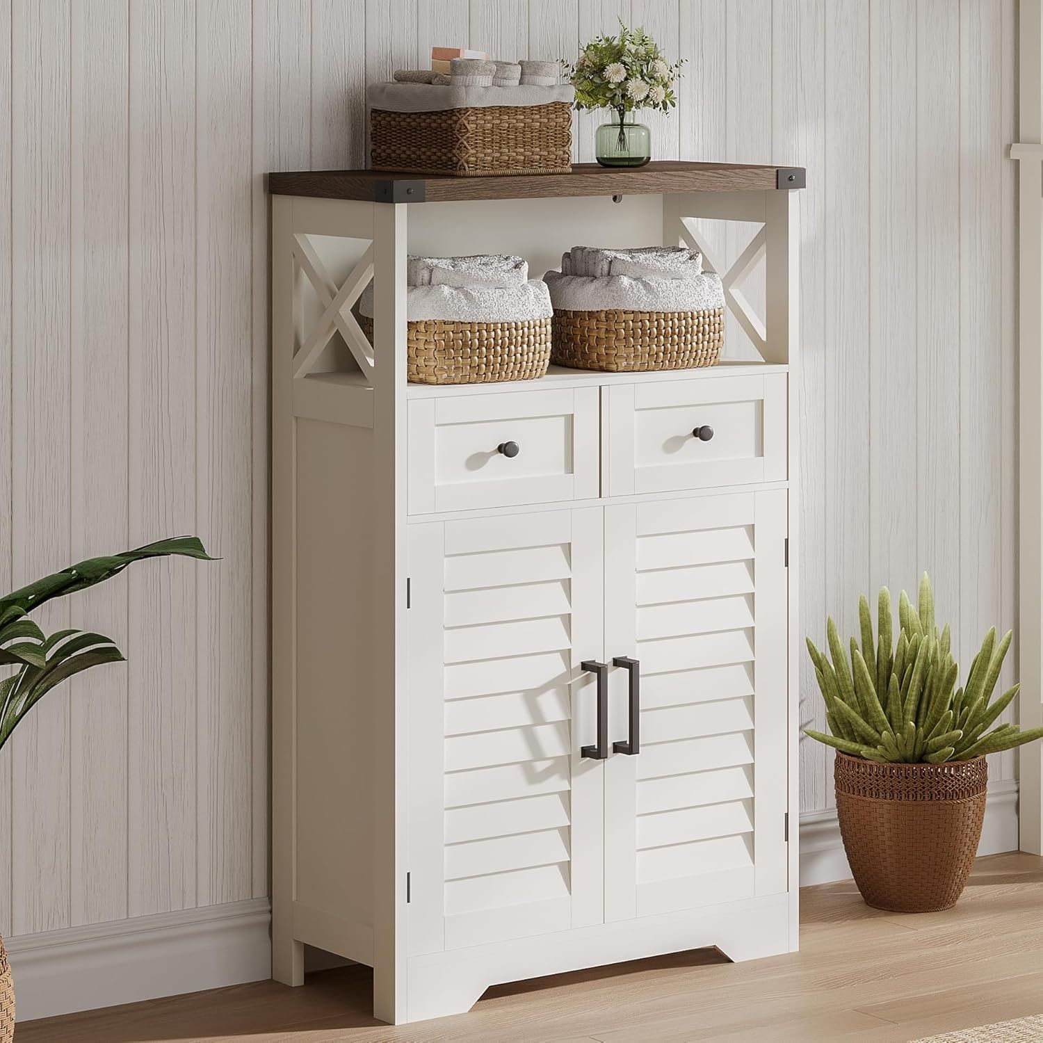 White Farmhouse Bathroom Storage Cabinet with Adjustable Shelving