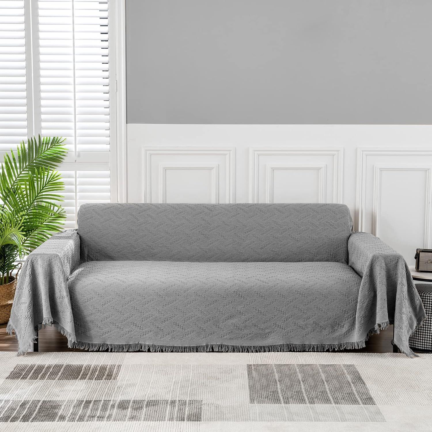 Large Gray Cotton Polyester Blend Sofa Cover with Tassels