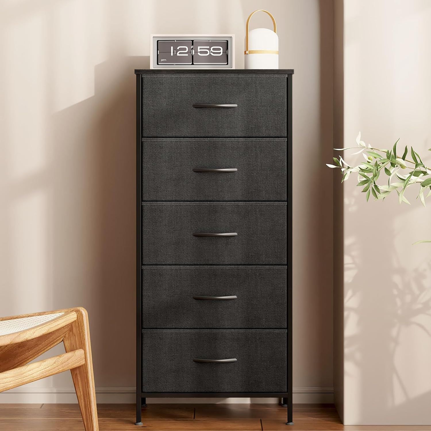 Black Fabric and Steel 5-Drawer Tall Dresser