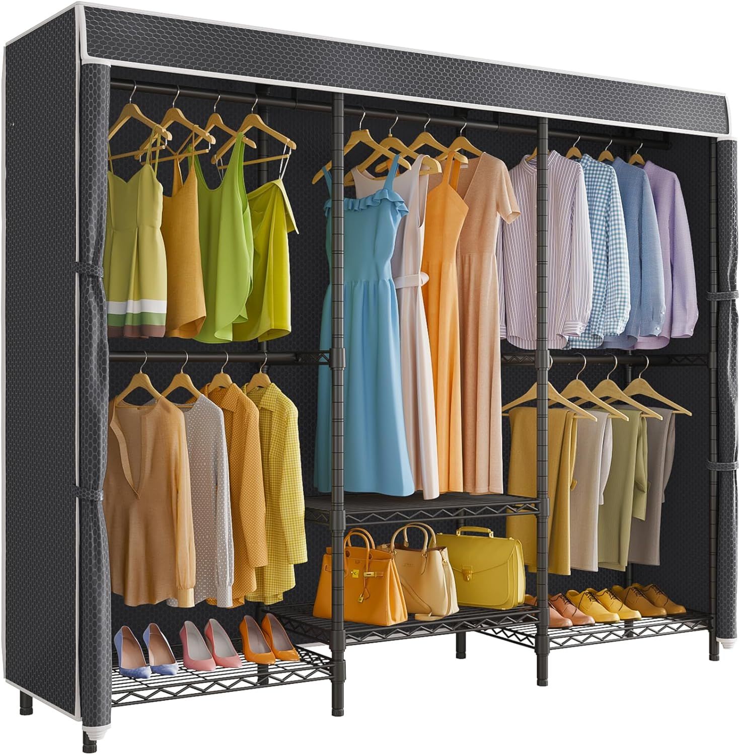 Black Metal Garment Rack with Adjustable Shelves and Cover