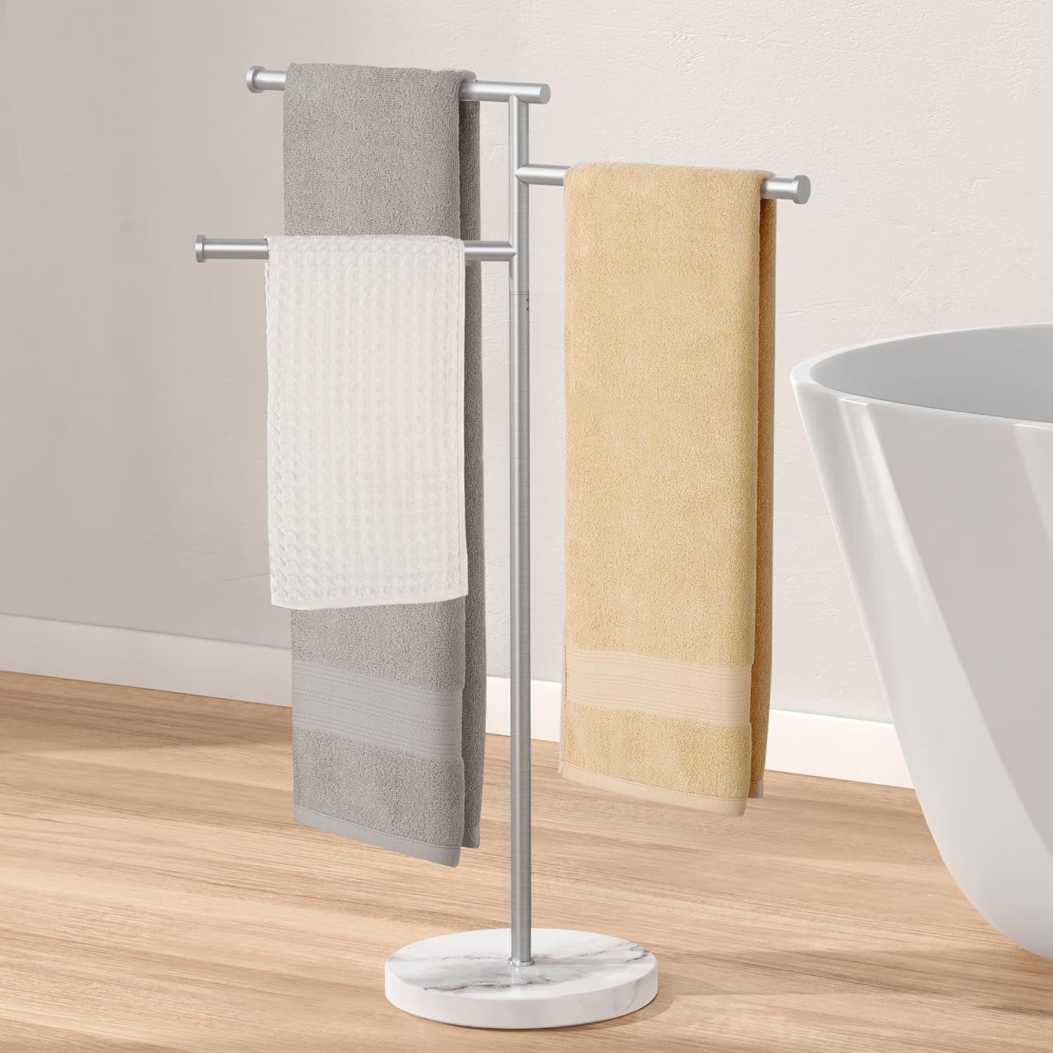 Brushed Steel Freestanding Towel Rack with Marble Base