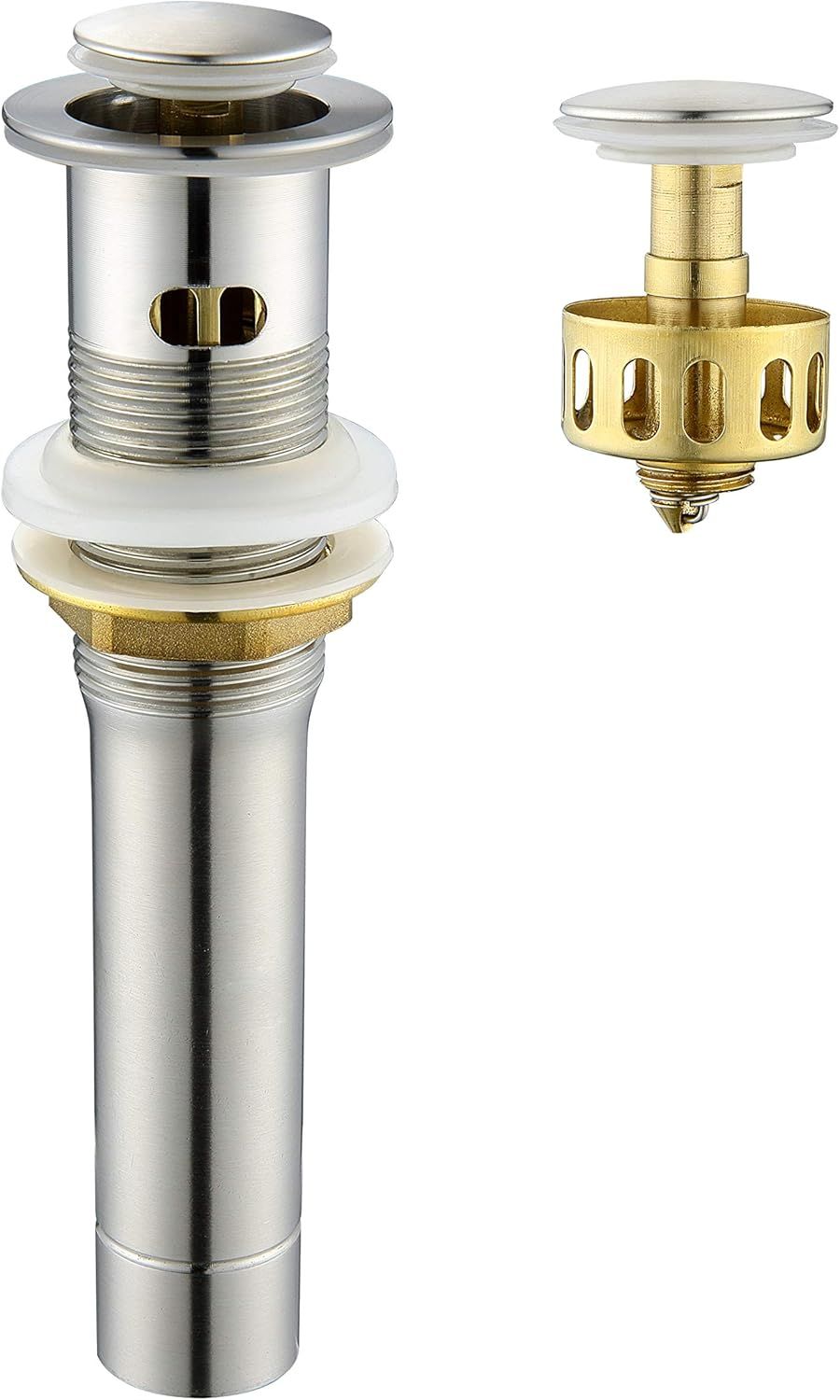 Brushed Nickel and Brass Pop-Up Sink Drain Stopper with Overflow