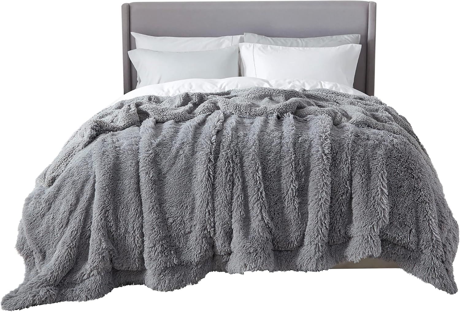 King Size Light Grey Sherpa Fleece Faux Fur Blanket