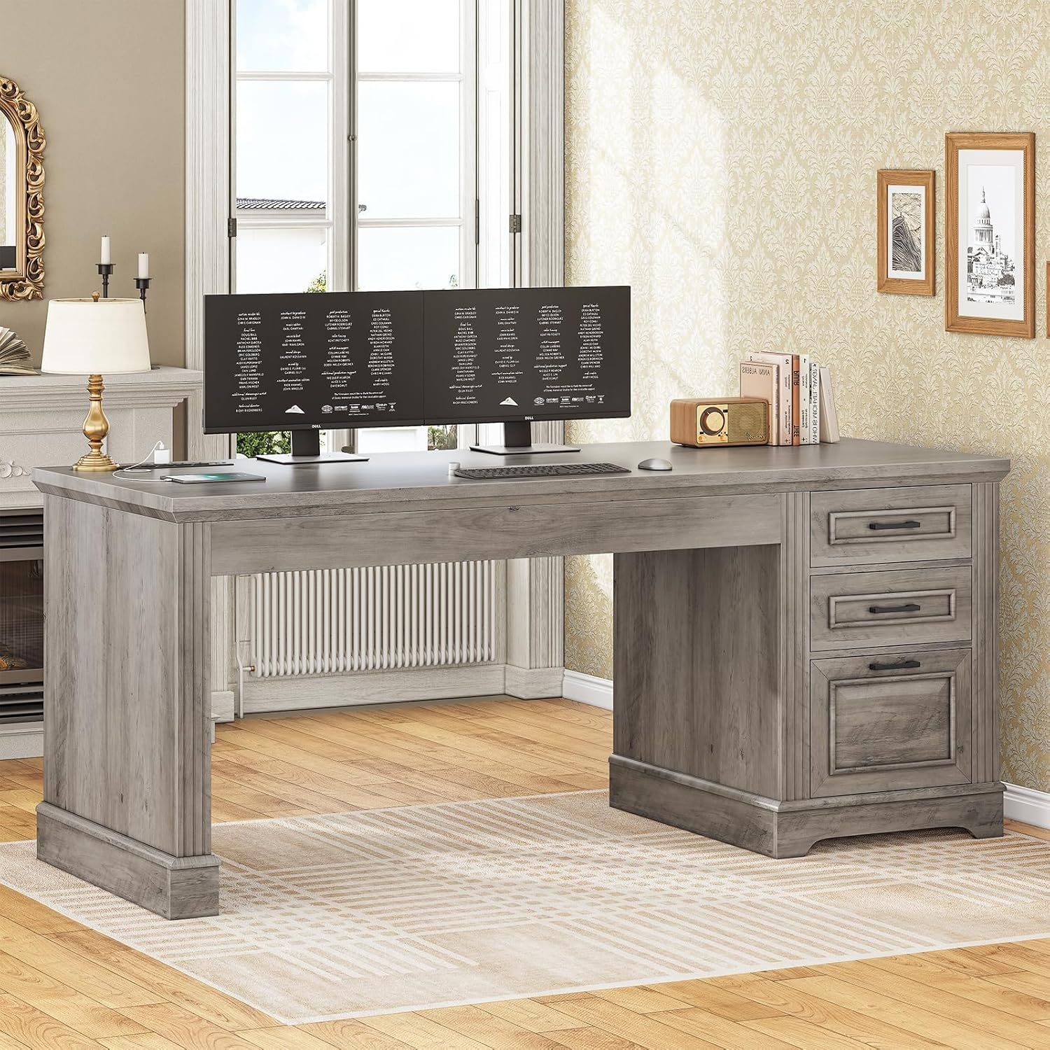 Farmhouse Gray Wood Executive Desk with USB Ports and Drawers