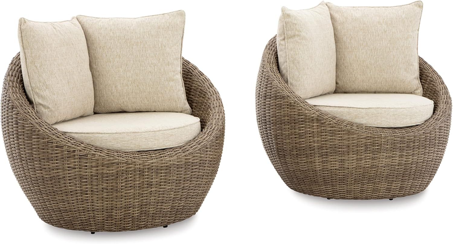 Beige and White Resin Wicker Swivel Lounge Chair Set