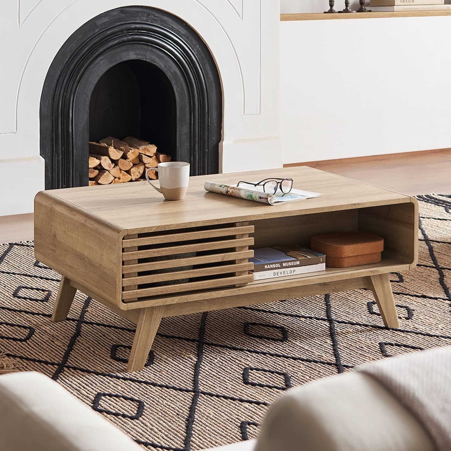 Oak Mid-Century Modern Rectangular Coffee Table with Storage