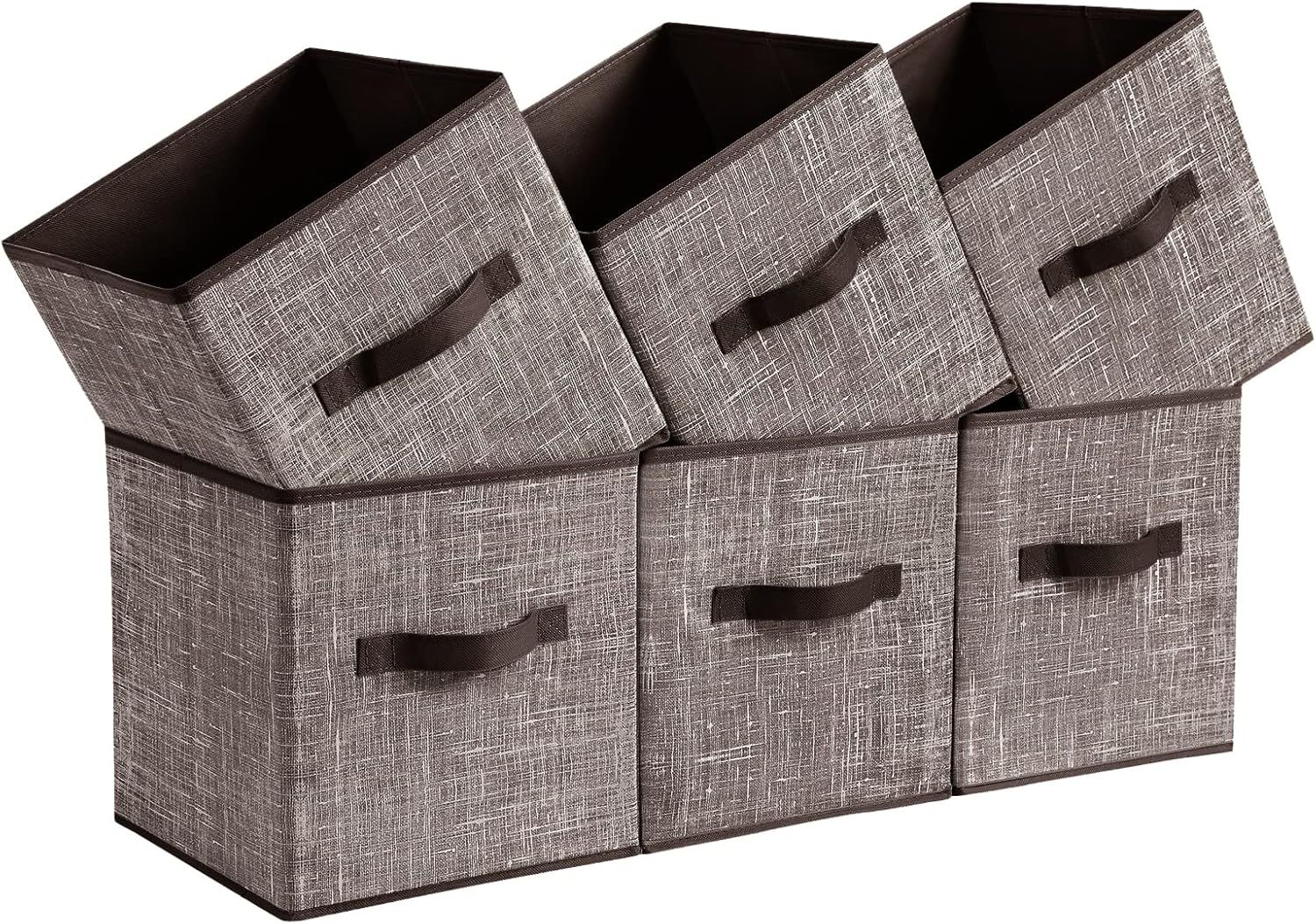 Walnut Fabric 11-Inch Foldable Storage Cubes with Handles, Set of 6