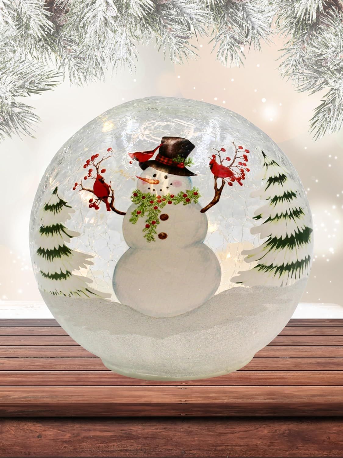 Festive Snowman and Cardinals Crackle Glass LED Globe