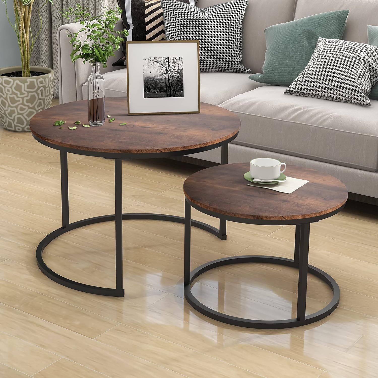 Industrial Round Coffee Table Set with Black Metal Frame and Rustic Brown Wood Look