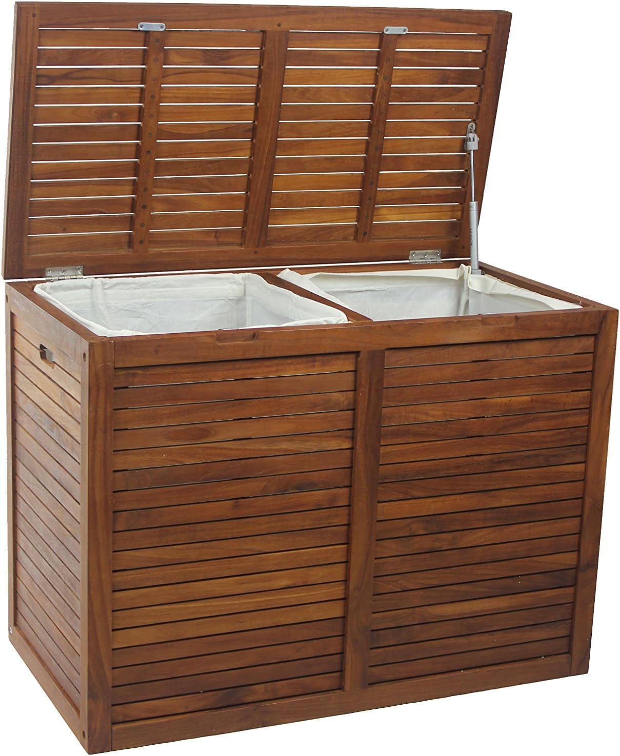 Teak Double Laundry Hamper with Pneumatic Lid and Removable Bags