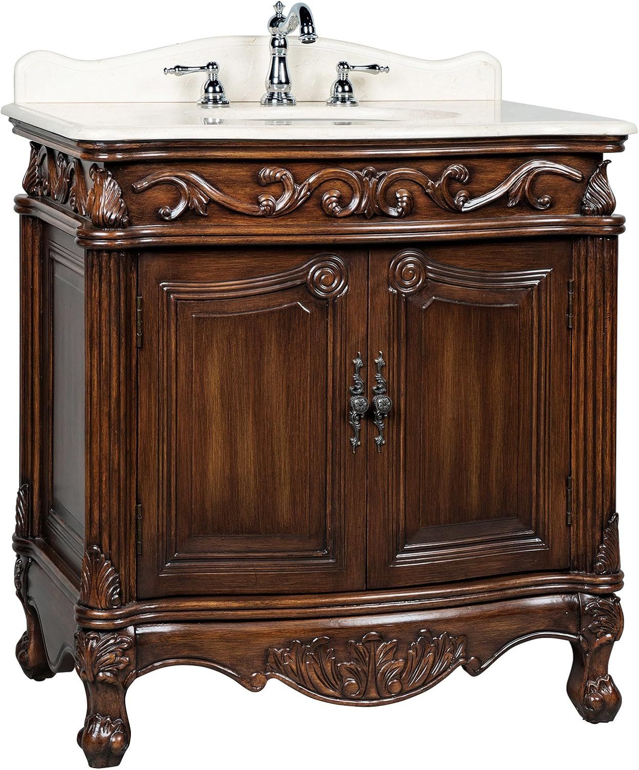 32'' Medium Brown Traditional Marble Top Bathroom Vanity